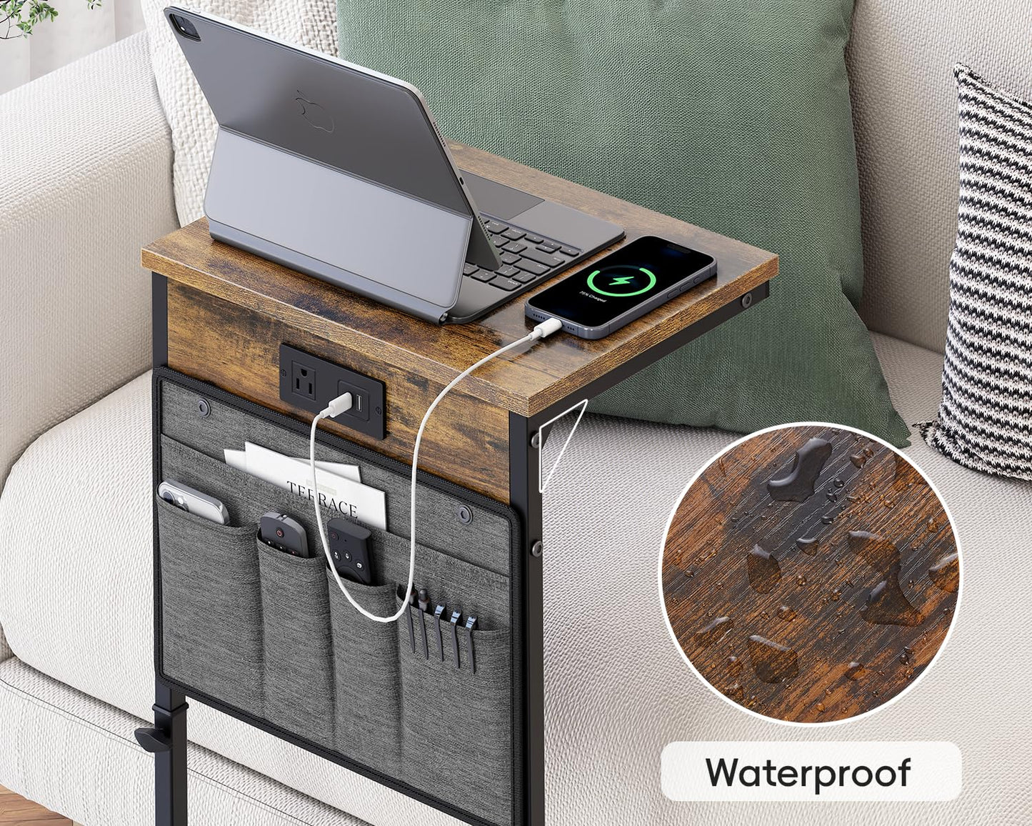 Vagusicc C Shaped End Table with Charging Station, 33" Tall Side Table for Couch, C Table End Table Adjustable Height Side Table TV Tray, Slide Under Sofa Couch Table for Living Room, Bedroom, Brown