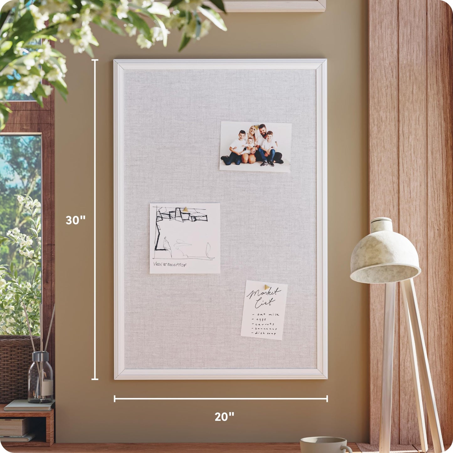 U Brands Farmhouse Large Bulletin Board 20 x 30 Inch Linen Fabric Pin Board, White Wood Style Frame, Wall Message Center & Vision Board for Farmhouse Decor, Home Office, Classroom, Includes Push Pins