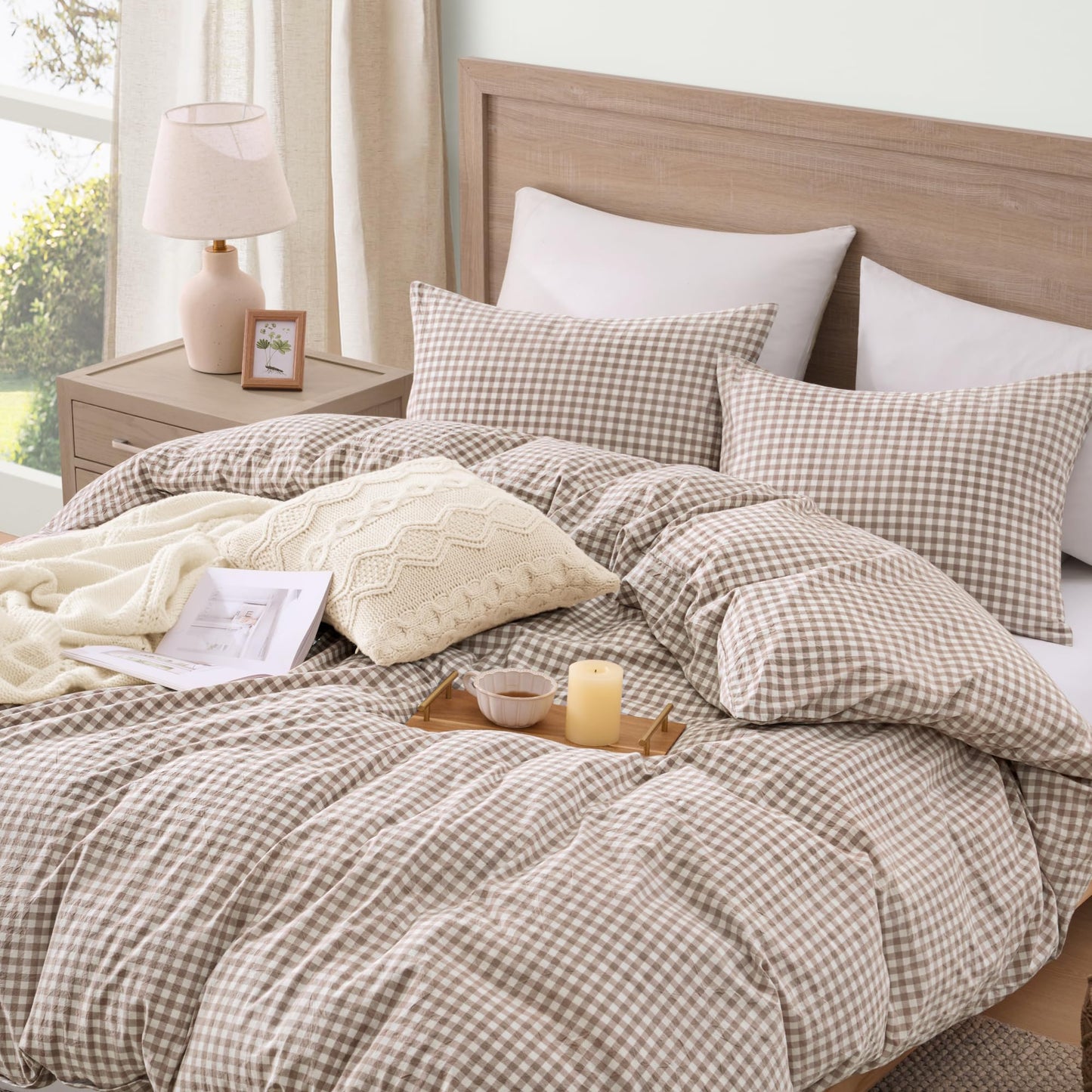 Andency Tan Gingham Duvet Cover King, 100% Wash Cotton Linen Like Textured Breathable Comforter Cover Set, 3 Piece Brown Classic Yarn-Dyed Checkered Plaid Bedding Set, 104"*90"