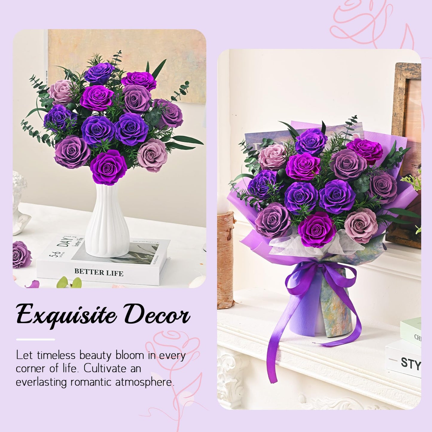 Flowers for Delivery Prime 12 Roses, Mothers Day Flowers for Mom, Mothers Day Gifts, Forever Roses Preserved Purple Flower Bouquet Eternal Rose Birthday Gifts for Women Gf Gifts Wedding Anniversary