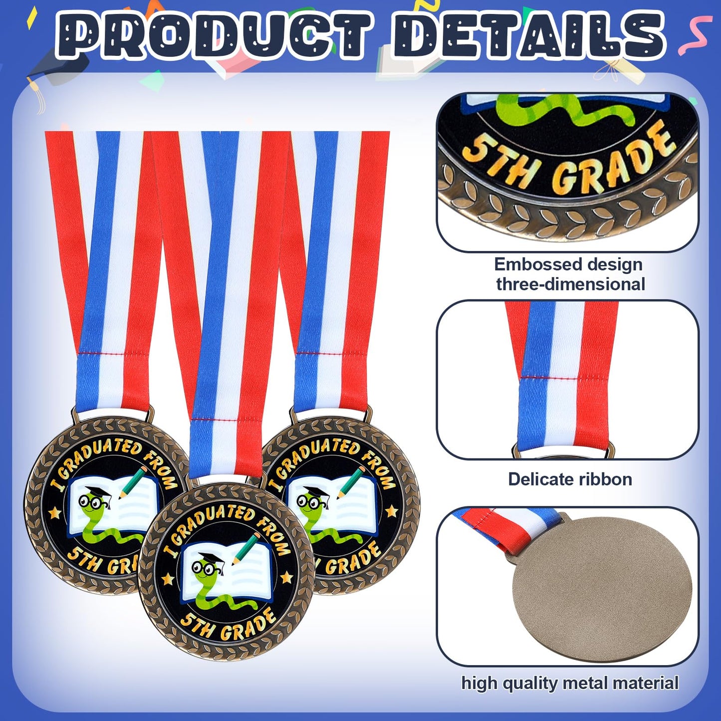 Landical 30 Pcs Gold Fifth Grade Graduation Medals 2.5" I Graduated from 5th Grade Award Medals Preschool Kindergarten Kids Graduation Gifts for Students