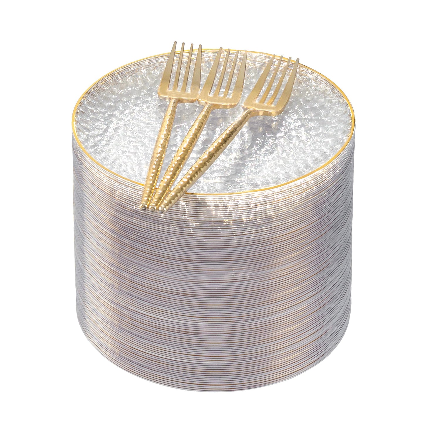 Rubtlamp 200 Pcs Clear Gold Dessert Plates 7" with Forks 7.6",Clear Plastic Hammered Platos, Dessert Plates Disposable, Heavy Duty Party Platos Include 100platos and 100forks for Party&Birthday
