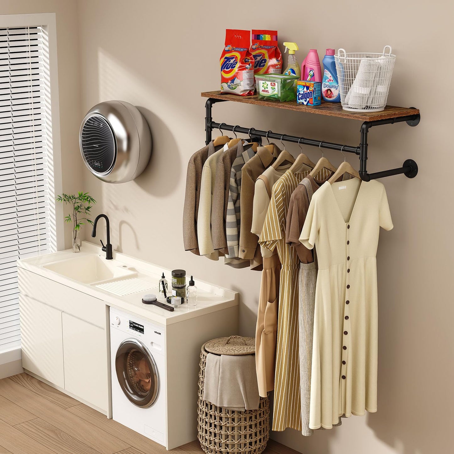 UlSpeed Clothes Rack with Top Shelf, 43.3in Industrial Pipe Wall Mounted Garment Rack, Space-Saving Display Hanging Clothes Rack, Heavy Duty Detachable Multi-Purpose Hanging Rod for Closet Storage