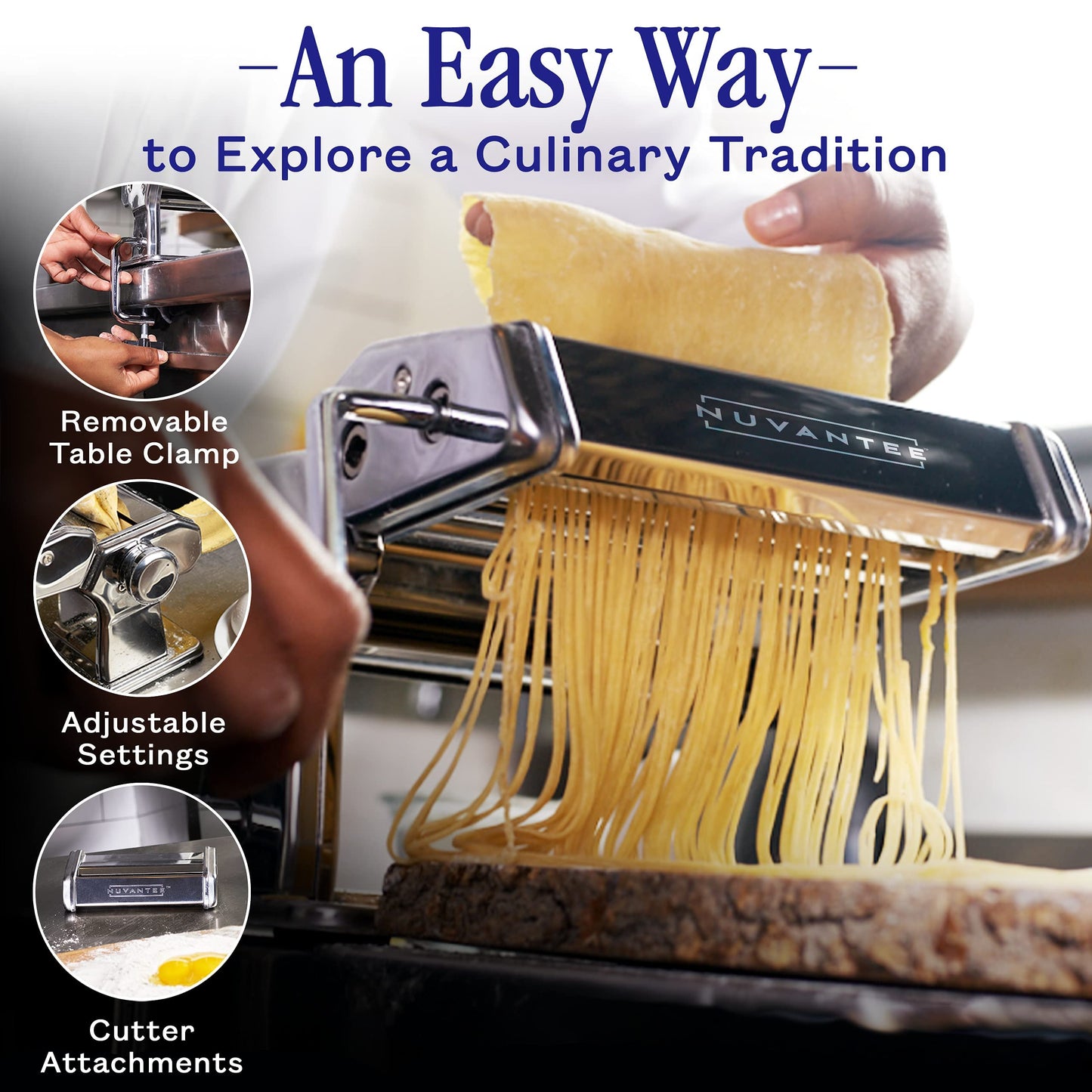 Nuvantee Pasta Maker with 7 Adjustable Thickness Settings - 2 in 1 Noodle Maker with Rollers and Cutter, Make Spaghetti, Fettuccini, Lasagna, & More