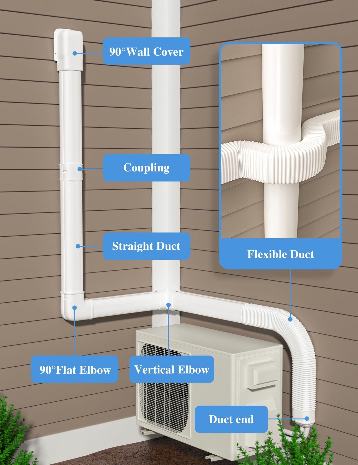 WEETALL 4'' 13Ft Mini Split Line Set Cover with Flexible Pipe, Upgrade PP Heat-Resistant & Paintable, Central AC and Heat Pumps-Full Set, No Other Parts Needed