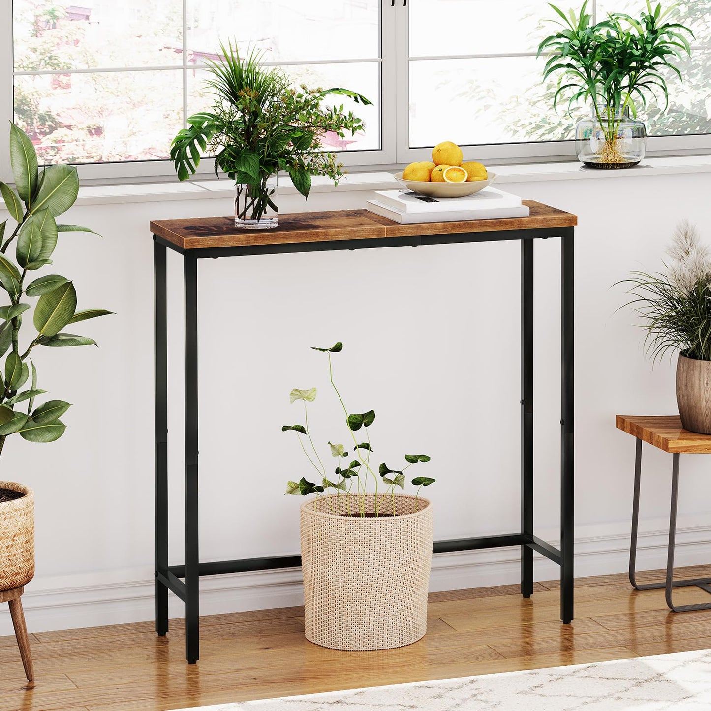 HOOBRO Narrow Console Table, 29.5" Small Entryway Table, Thin Sofa Side Display Table, for Hallway, Bedroom, Living Room, Foyer, Rustic Brown and Black BF75XG01