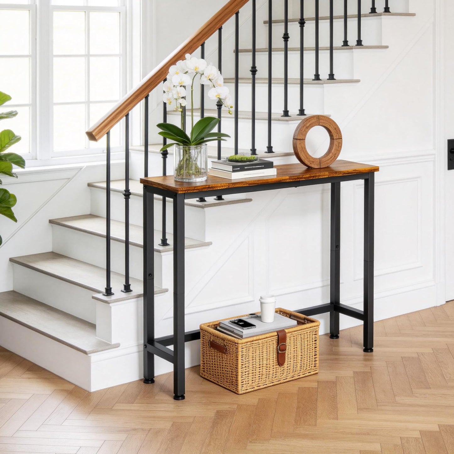 flevra 29.5 Inch Narrow Console Table, Small Entryway Table with Metal Frame, Skinny Sofa Table for Living Room Hallway Bedroom Foyer, Slim Hallway Shelf, Modern Entryway Furniture, Rustic Brown
