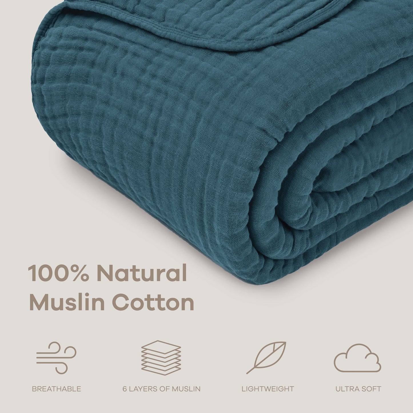 Comfy Cubs Muslin Blanket for Adults Queen 90" x 90" - 6 Layer Soft, Breathable & Lightweight Muslin Adult Blanket - Machine Washable & Designed in The US Bedding for All Seasons - Neptune