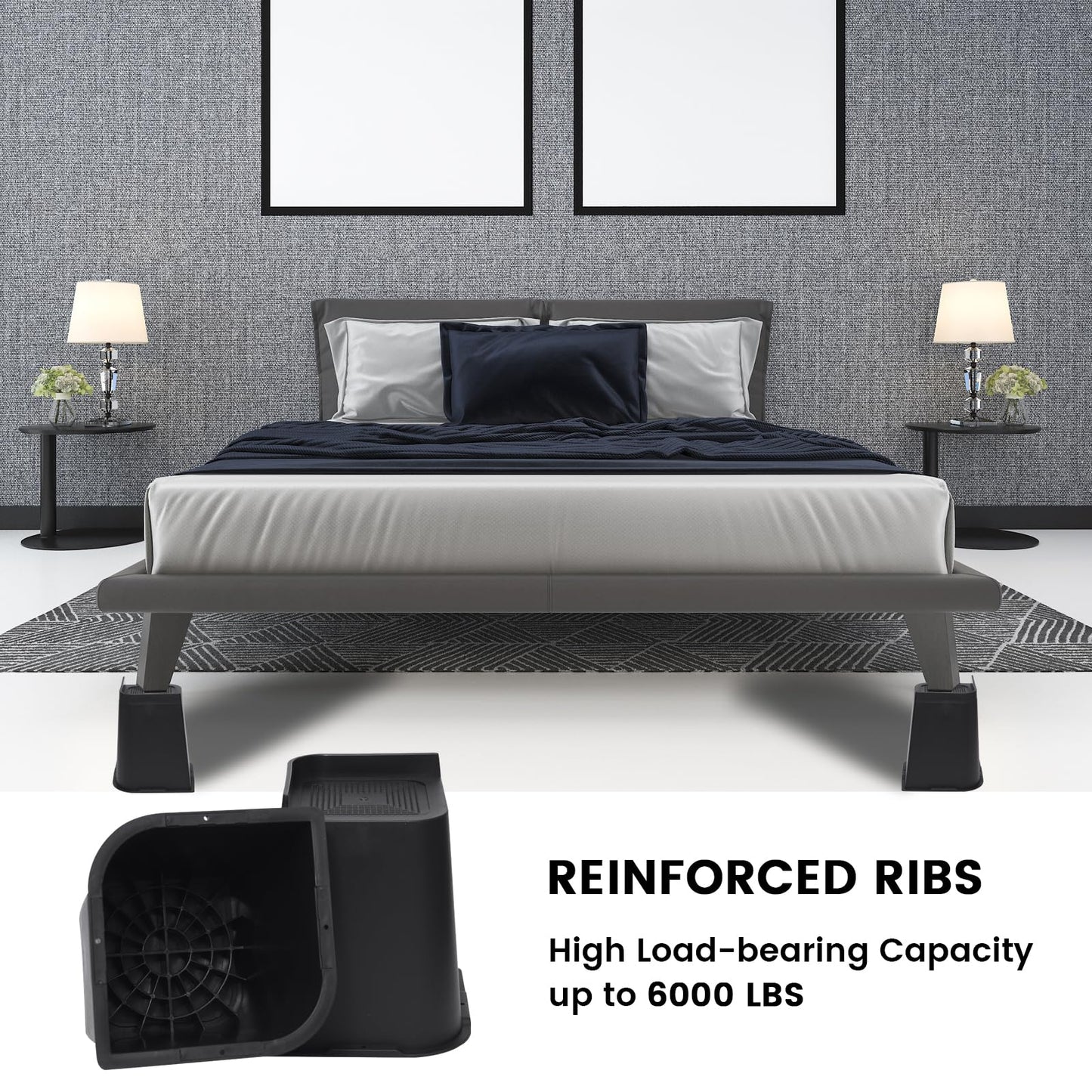 MYMULIKE Bed Risers 8 inch, Oversized Furniture Risers, Support Up to 6000 Lbs, Lift 8 inch for Couch, Sofa, Table,Chair (Black 4 Pack, 8 inch)