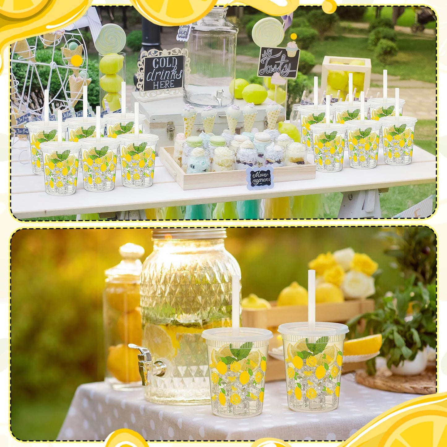 FillTouch 50 Set Lemonade Cups with Lids Straws Plastic Drink Buckets Include Plastic Cups Stainless Steel Straw Hole Puncher Beverage Cafe Drinking Lemonade Stand Supplies(32 oz)