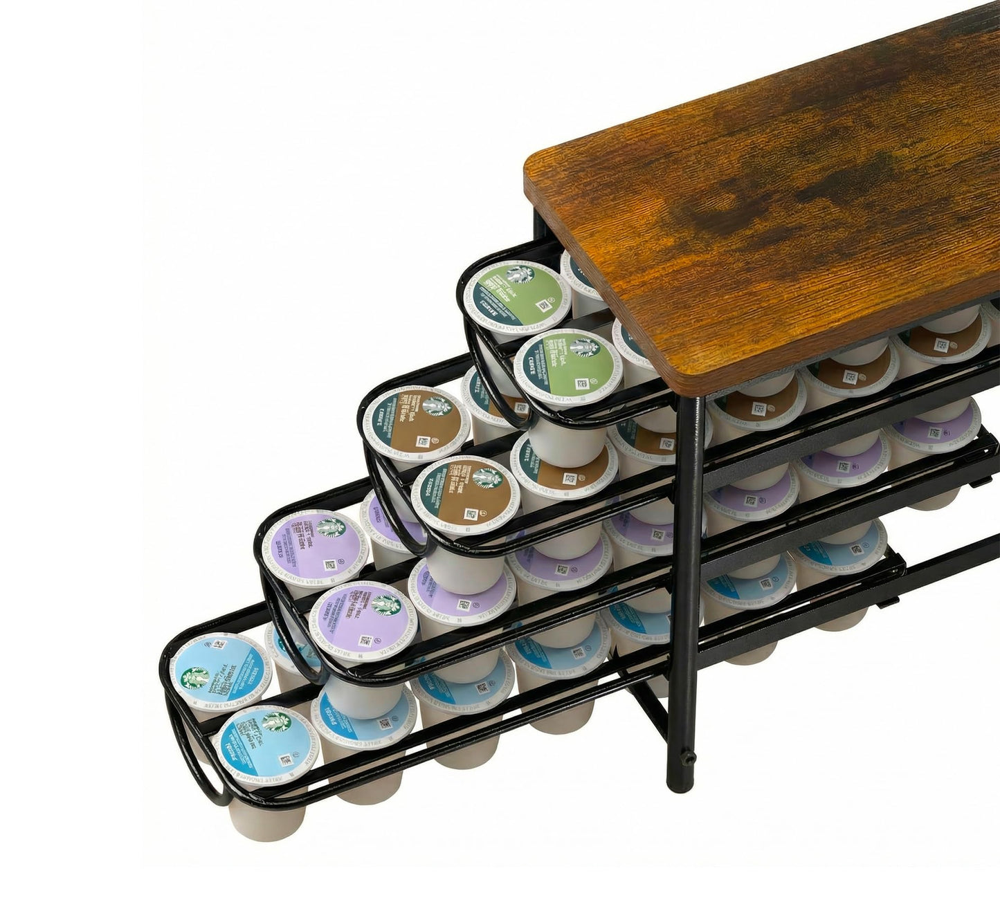 HFHOME Coffee Pod Holder with Wooden Top, Compatible with K-Cups, 4-Tier Coffee Capsule Storage Drawer, 56 Capacity Pods Organizer for Kitchen Counter, Home, Office, Black