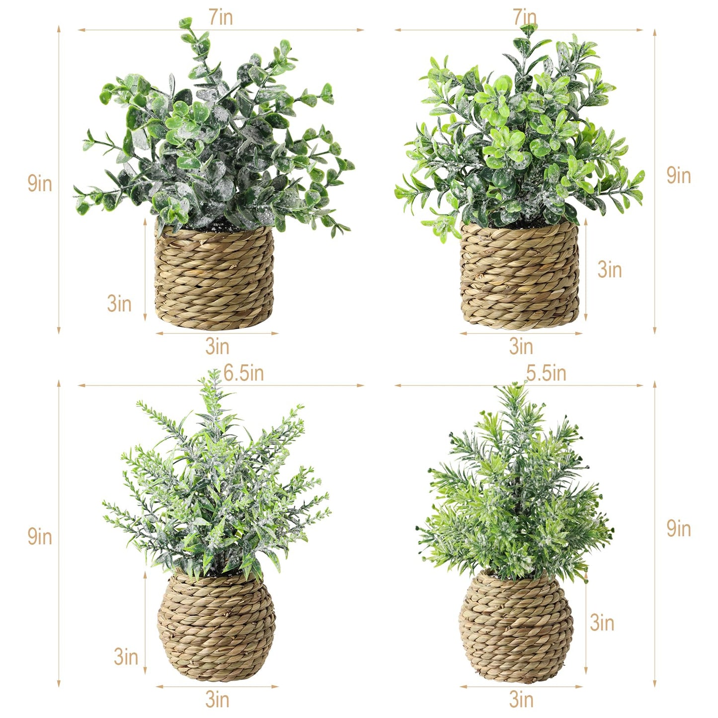 Treory Small Fake Potted Plants: 9 Inches Artificial Plants with Seagrass Handwoven Planters, Indoor Farmhouse Decorations, Eucalyptus Plant for Home Bathroom Office Shelf Tabletop Desk Room Decor
