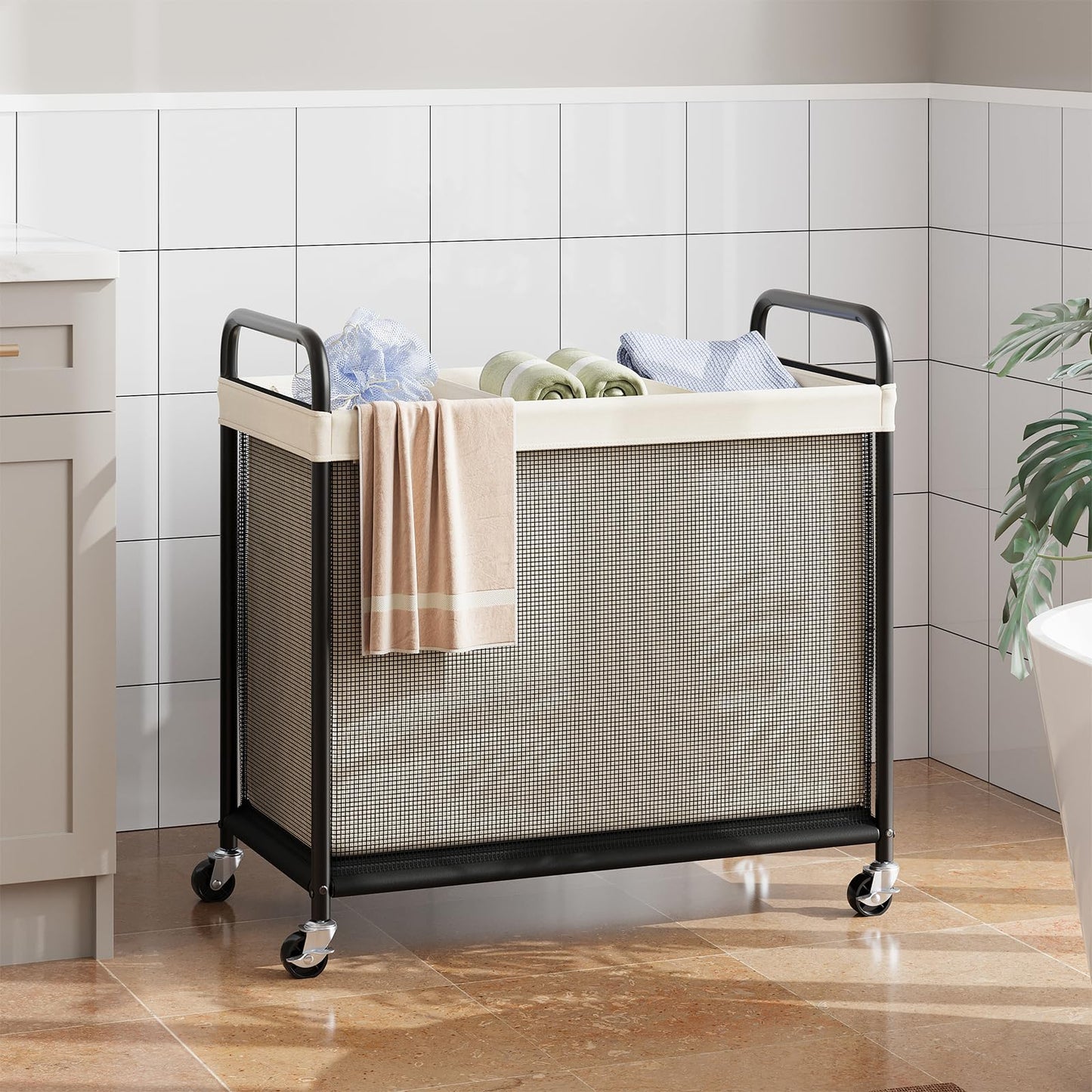 ELYKEN Laundry Hamper 3 Section, 120L Rolling Laundry Sorter with Removable Liner Bag, Laundry Basket with Wheels, Steel Frame with Metal Handle, Clothes Hamper Cart for Laundry Room & Bedroom
