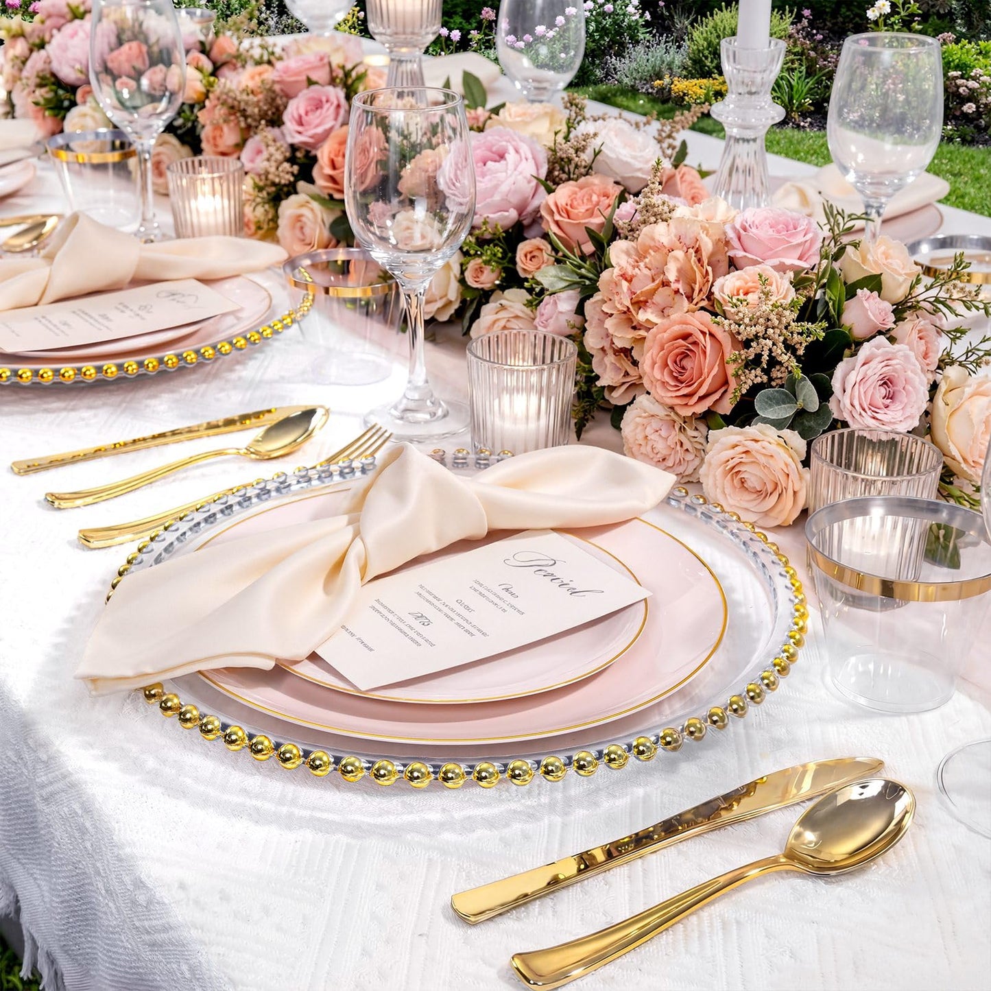 WDF 300Pcs Pink Plates Disposable - Pink and Gold Plastic Dinnerware Set for 50 Guests Include 50 Dinner & Cake Plates & 50 Disposable Cutlery & 50 9oz Cups for Wedding/Baby Shower/Birthday