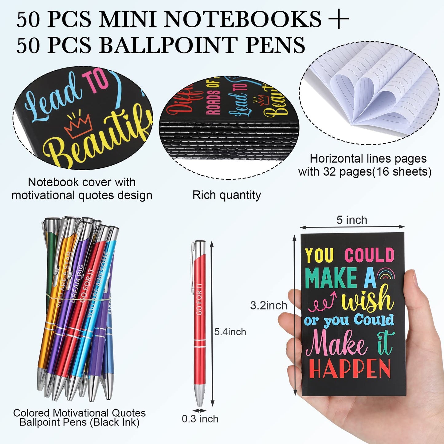 Sabary 100 Pcs Inspirational Notepads Ballpoint Pens Sets Mini Motivational Pocket Notebooks Journals Bulk Teacher Appreciation Gifts for Office Supplies(Inspirational)
