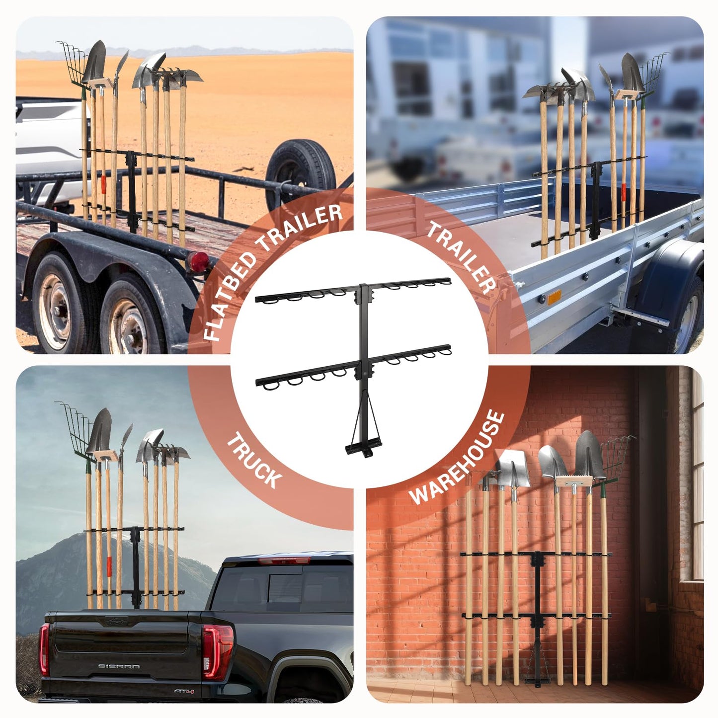 AugFir Upgraded Utility Trailer Accessories Trailer Tool Rack with 8 Tool Holes, Heavy-Duty Landscape Accessories Reinforced Base Shovel Holder Handle Tool Rack for Truck