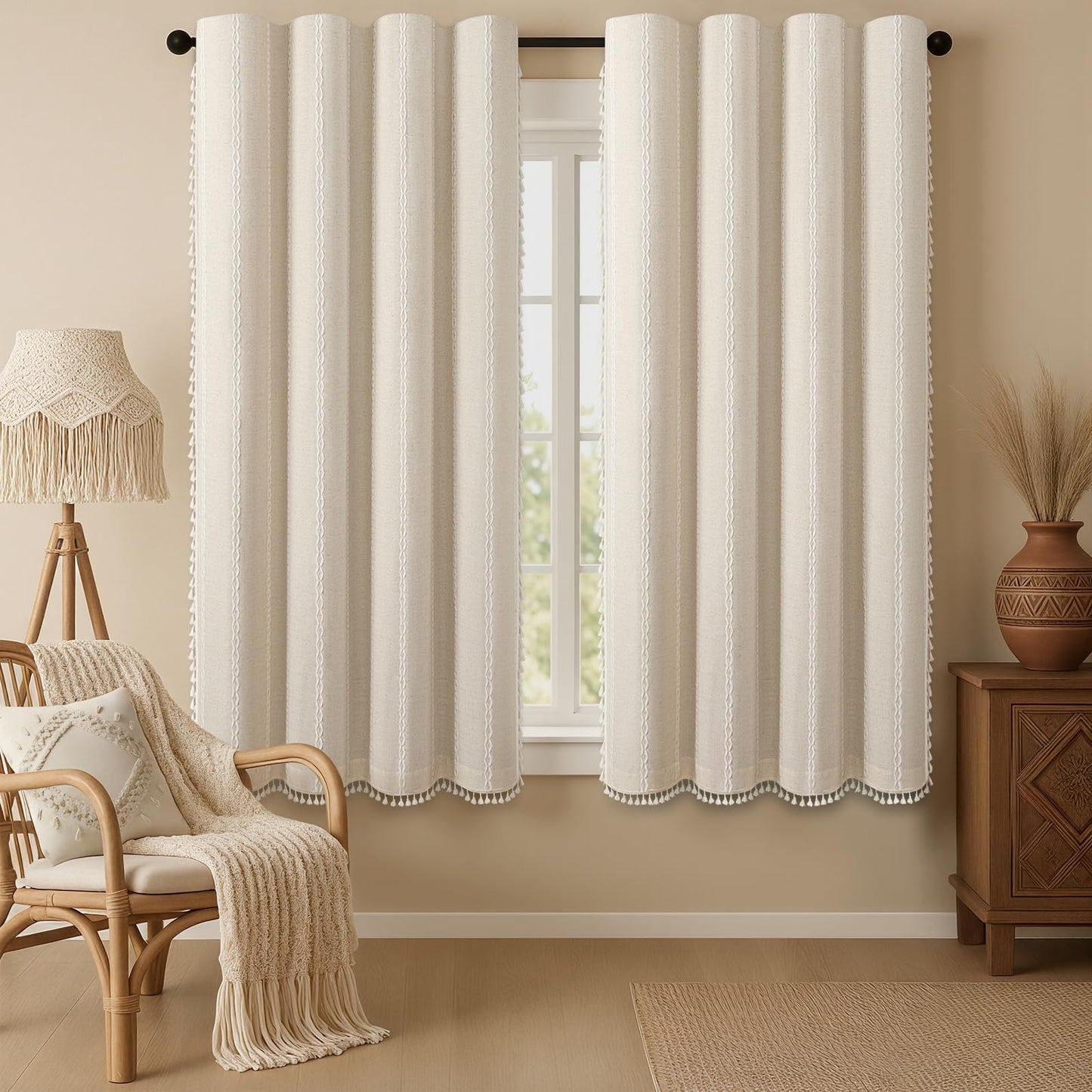 XOGUIBO Boho Blackout Curtains 63 Inches Long Beige Linen Blend 2 Panels with Tassels and Cotton Embroidery, Farmhouse Vintage Rustic Rod Pocket Drapes for Living Room or Bedroom