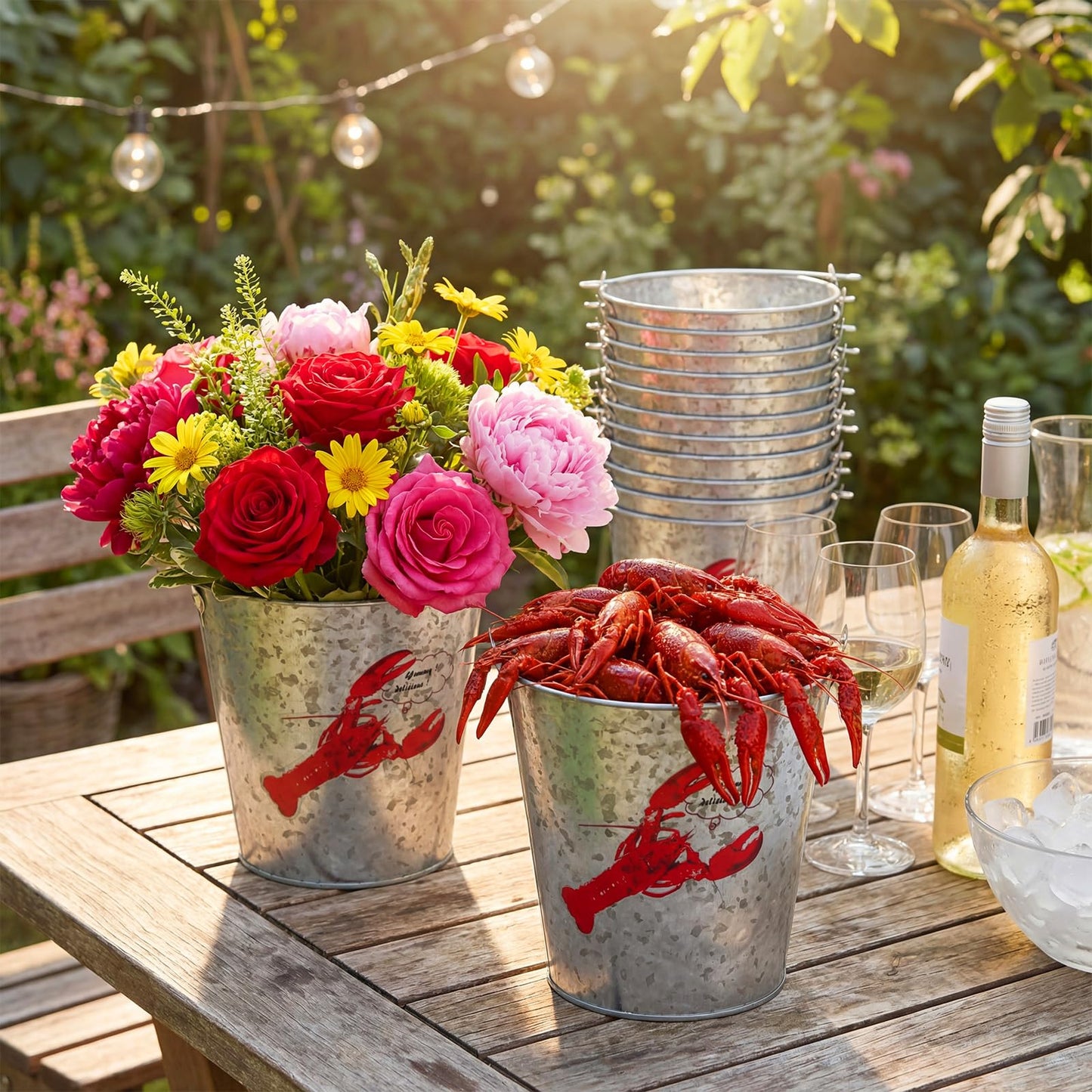 Yungyan 6 Pcs 5 x 4.8 in Crawfish Boil Party Supplies Metal Buckets with Handles Seafood Ice Buckets Lobster Crab Boil Mint Julep Ice Tub Beverage Tub for Seafood Festival Summer Birthday BBQ Picnic
