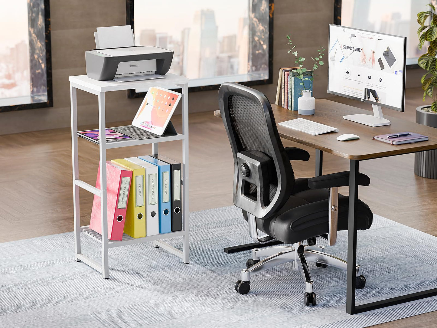 MWQ Desk Organizers and Accessories, Wood Printer Stand with 2 Metal Mesh Storage Shelf, Fits A4/Letter Size, Desk File Organizer for Home Office Fax Machine Scanner, Matte White