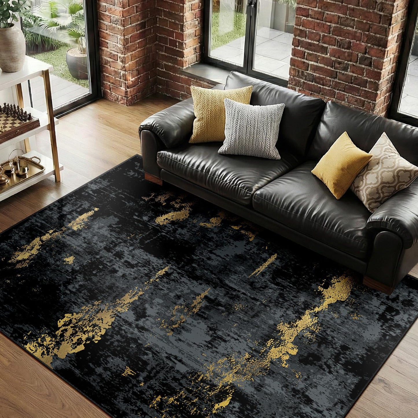 RELEANY Washable Area Rugs 5'x7' Non-Slip Modern Abstract Soft for Living Room Entryway Bedroom Nursery, Print Pattern, Dark Black Gold