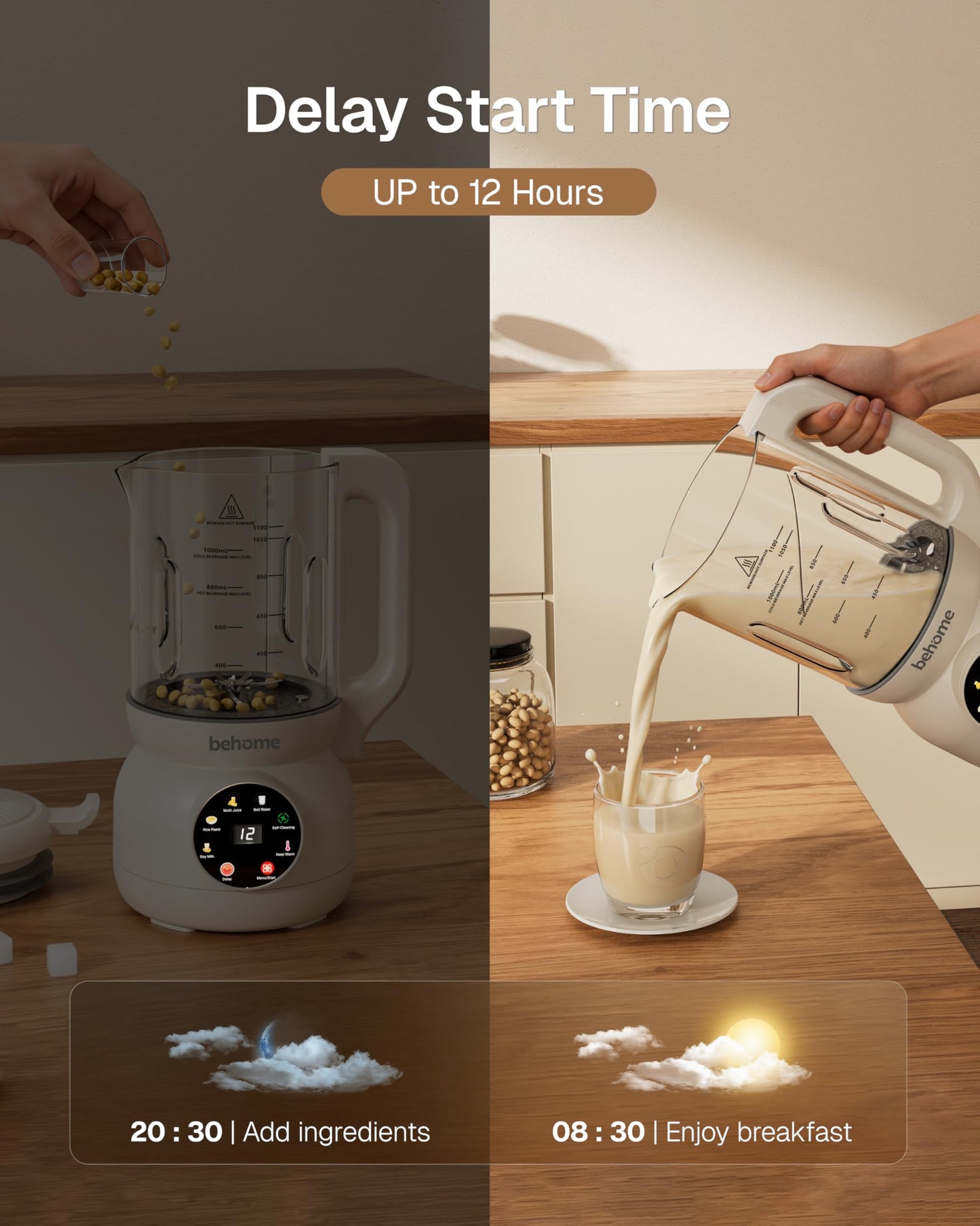 Behome 8 in 1 Nut Milk Maker Machine Blender – Glass Plant 32oz Milk Machine for Almond, Oat & Soy Milk, Self-Cleaning Vegan with No-Soak Beans, Delay Start & Keep Warm, Dairy-Free Beverage Maker