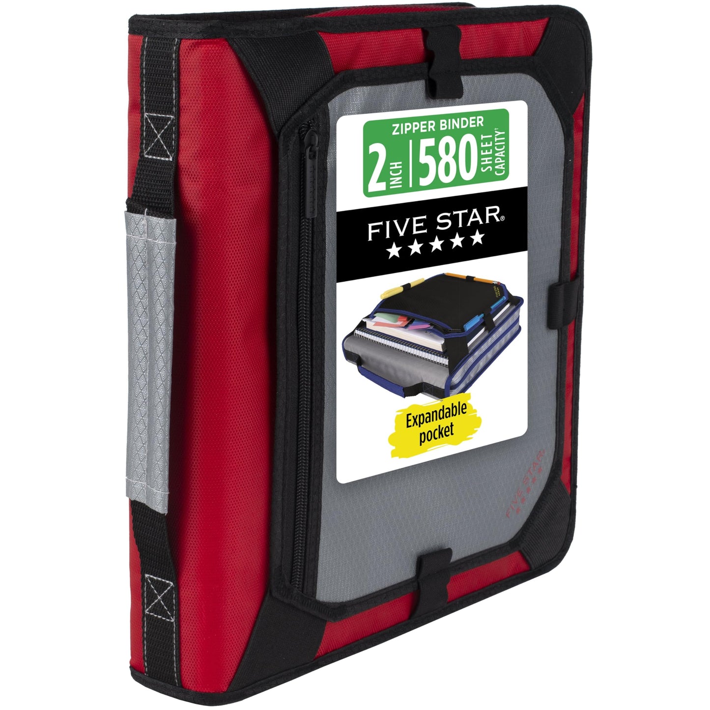 Five Star Zipper Binder 2 Inch O-Rings Case Organiser with Expansion Panel and 5-Tab Expanding File Folder, 580 Sheet Capacity, Crimson Fade (290520K)