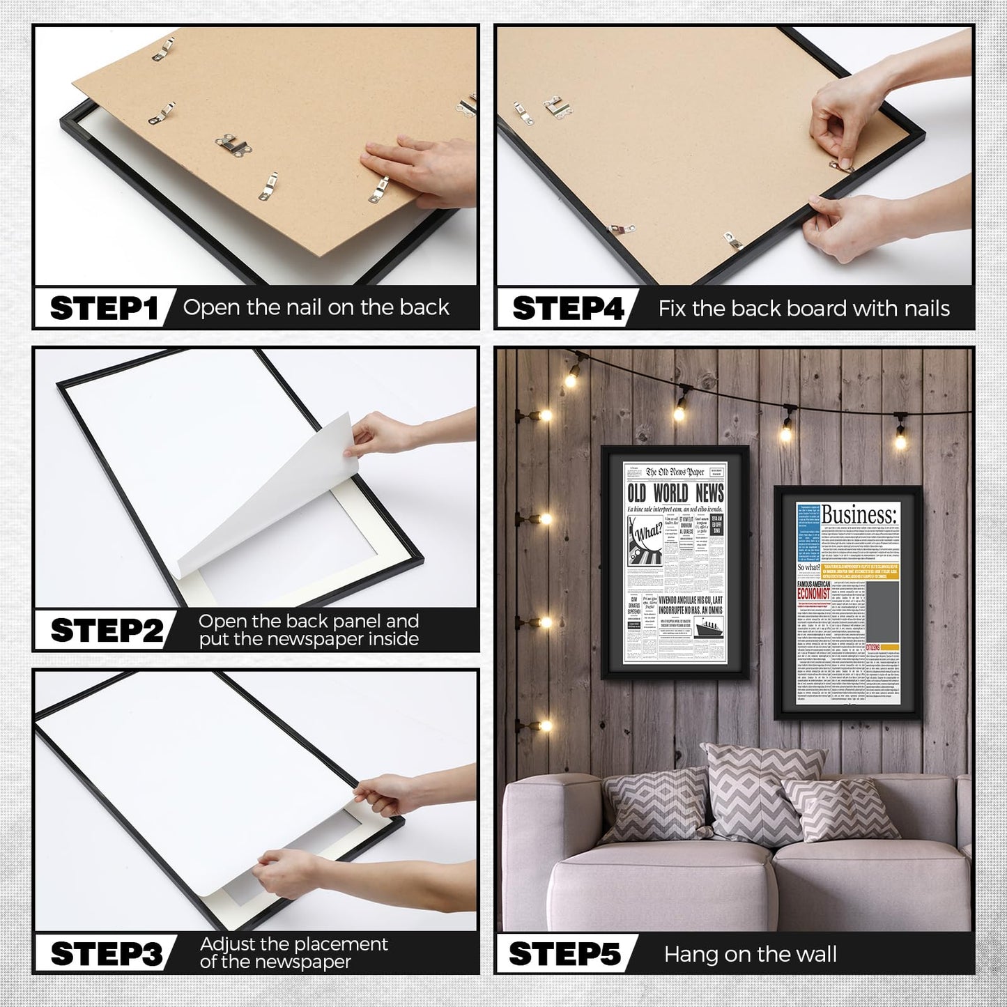 DoubleFill 3 Pcs 11x22 in Newspaper Frame with Mat Assorted Media Article Cover Frame with Hanging Hardware 14x24 in Newspaper Display Poster Frame for Wall Decoration (Black Mat)
