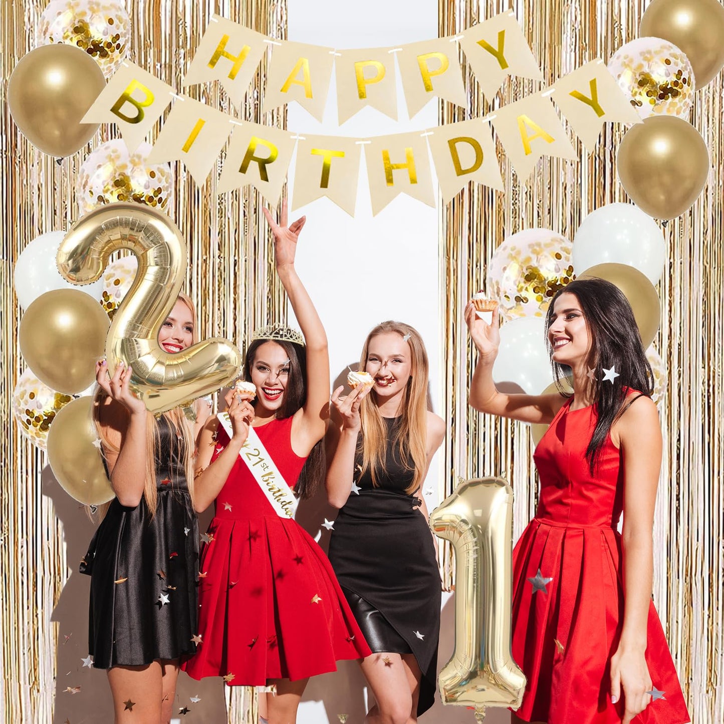 Trgowaul 21st Birthday Decorations for her, Champagne Gold Happy 21st Birthday Supplies for Girls, 21 Sash and Crown, Banner, Fringe Curtains, Cake Topper, 21 Year Old Party Supplies Set