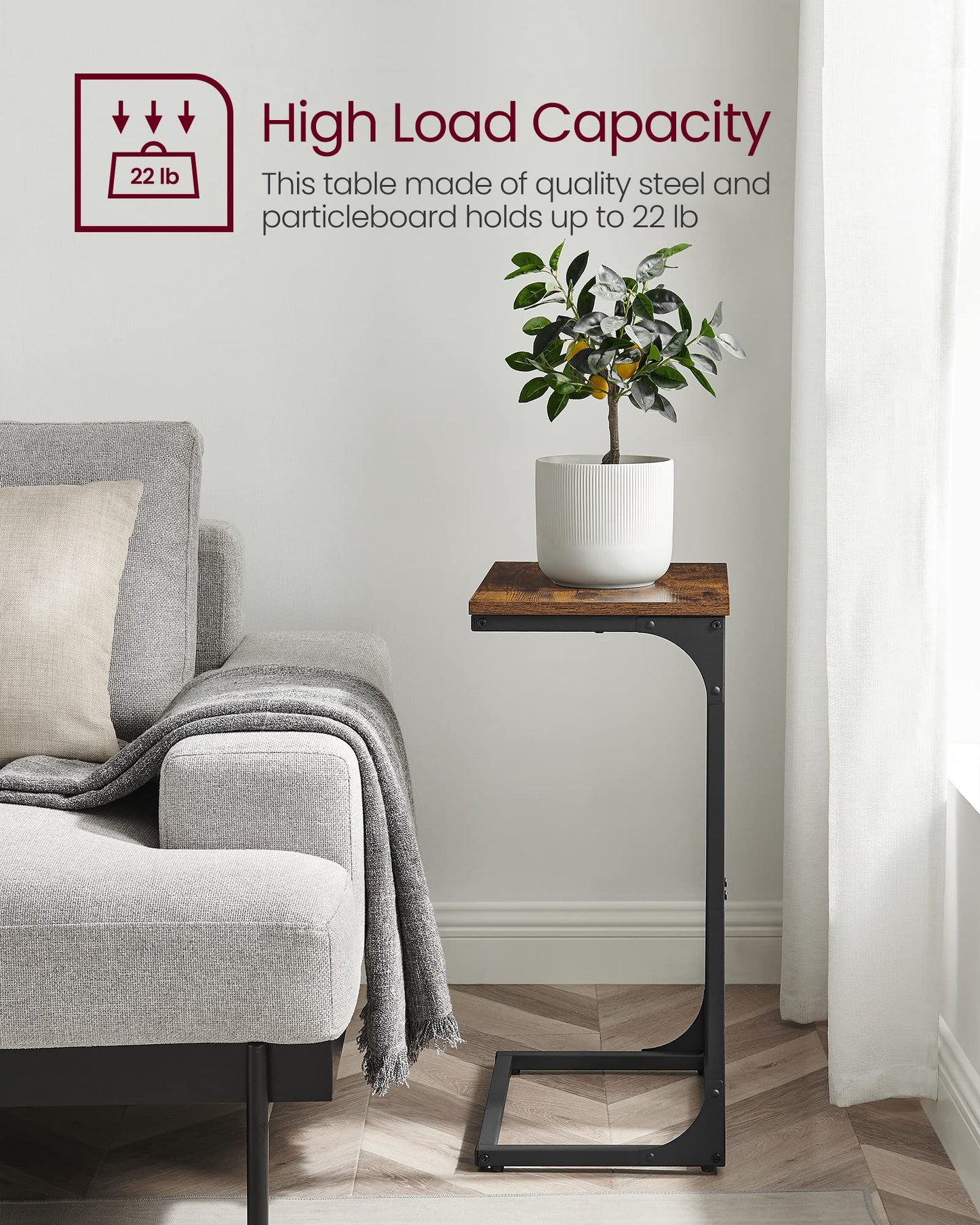 VASAGLE C-Shaped End Table, Side Table for Sofa, Couch Table with Metal Frame, Small TV Tray Table for Living Room, Bedroom, Rustic Brown and Black ULET353B01