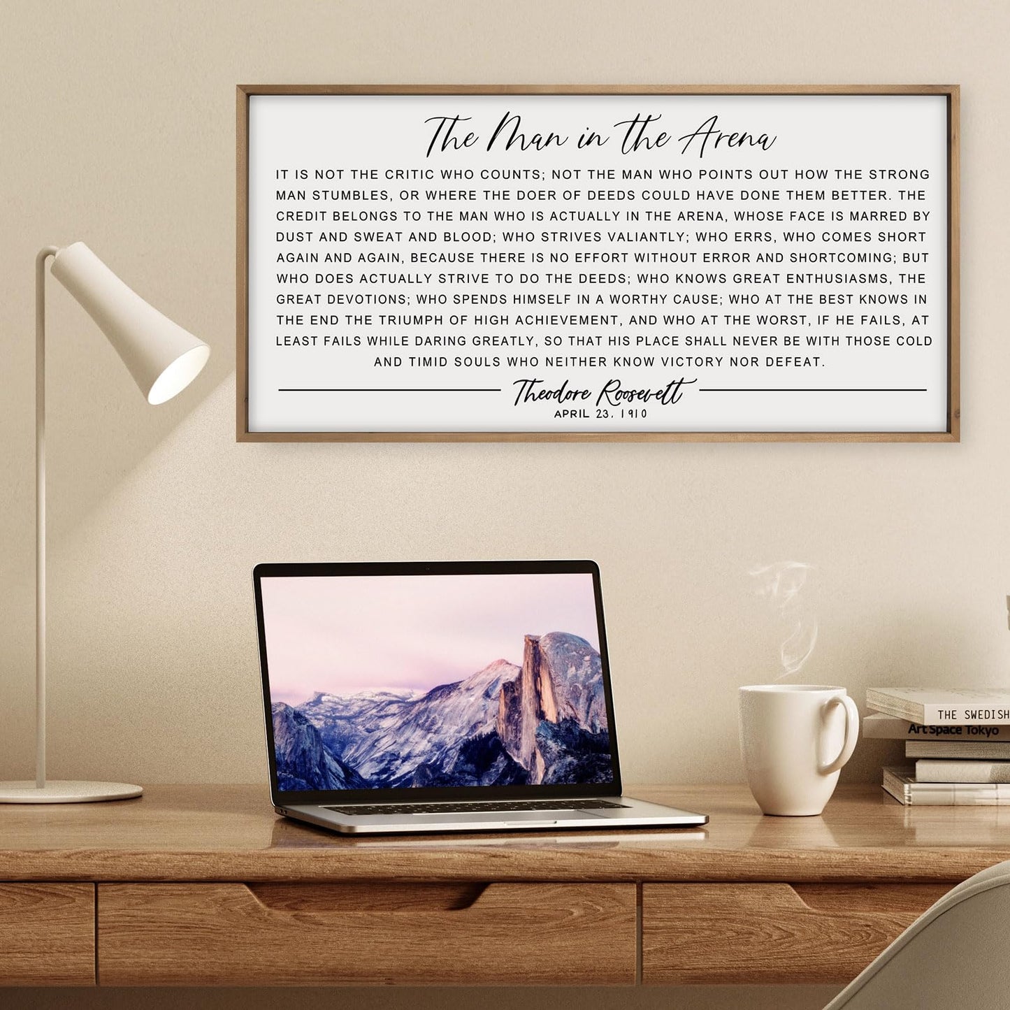 flangairy The Man In The Arena Wall Art Framed 32.3x16.5inch, Wood Motivational Wall Art for Men, Inspirational Office Decor