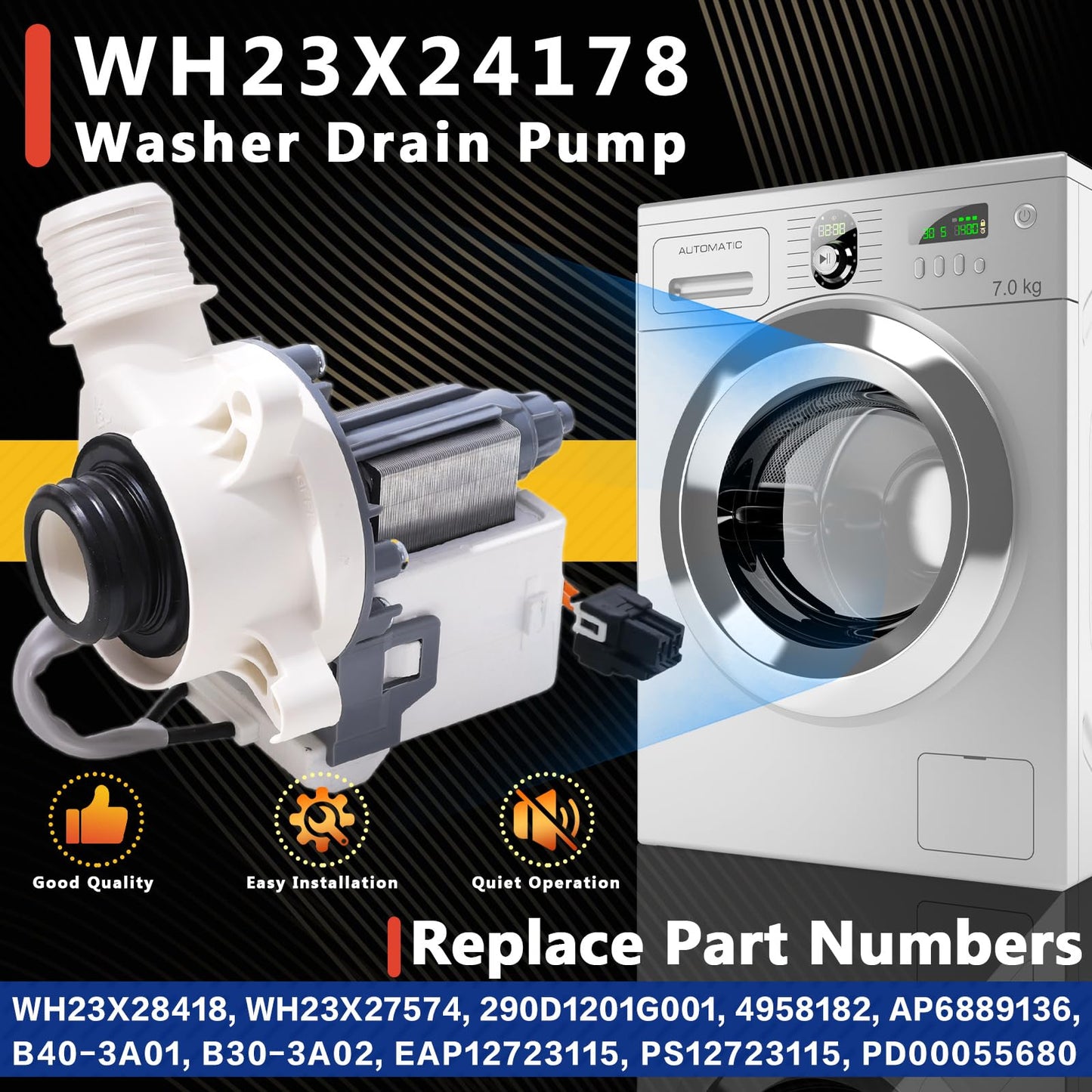 290D1201G001 WH23X24178 Washer Drain Pump, Fit for GE Models GTW460ASJ8WW GTW460ASJ4WW GTW460ASJ6WW GTW330ASK1WW GTW335ASN2WW GTW220ACK4WW GTW680BSJ5WS, Replaces B40-3A01, WH23X28418, WH23X27574