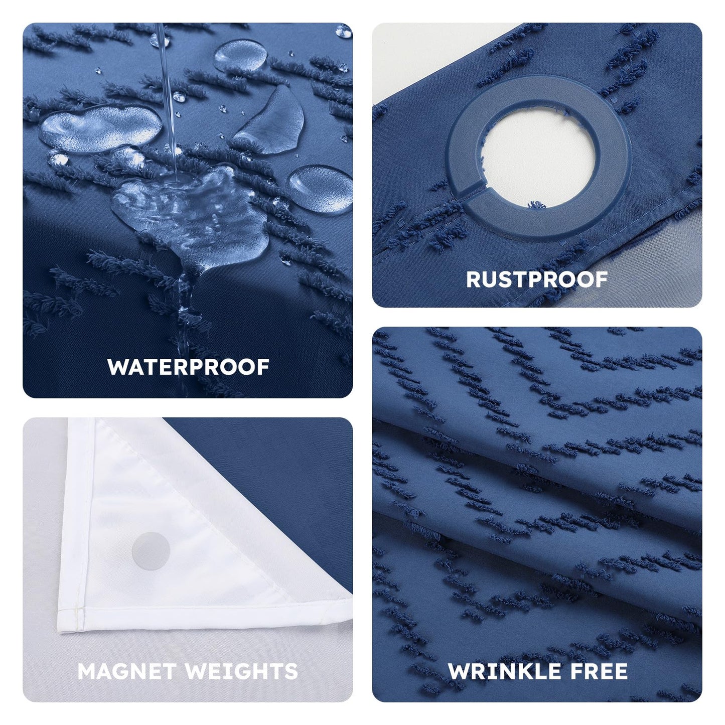 FADOTY No Hook Shower Curtain and Snap in Liner Set Navy Blue Tufted Chevron Striped Cloth Waterproof Washable Fabric Boho Bath Curtain with See Through Mesh Top Window for Bathroom Hotel 71" x 74"