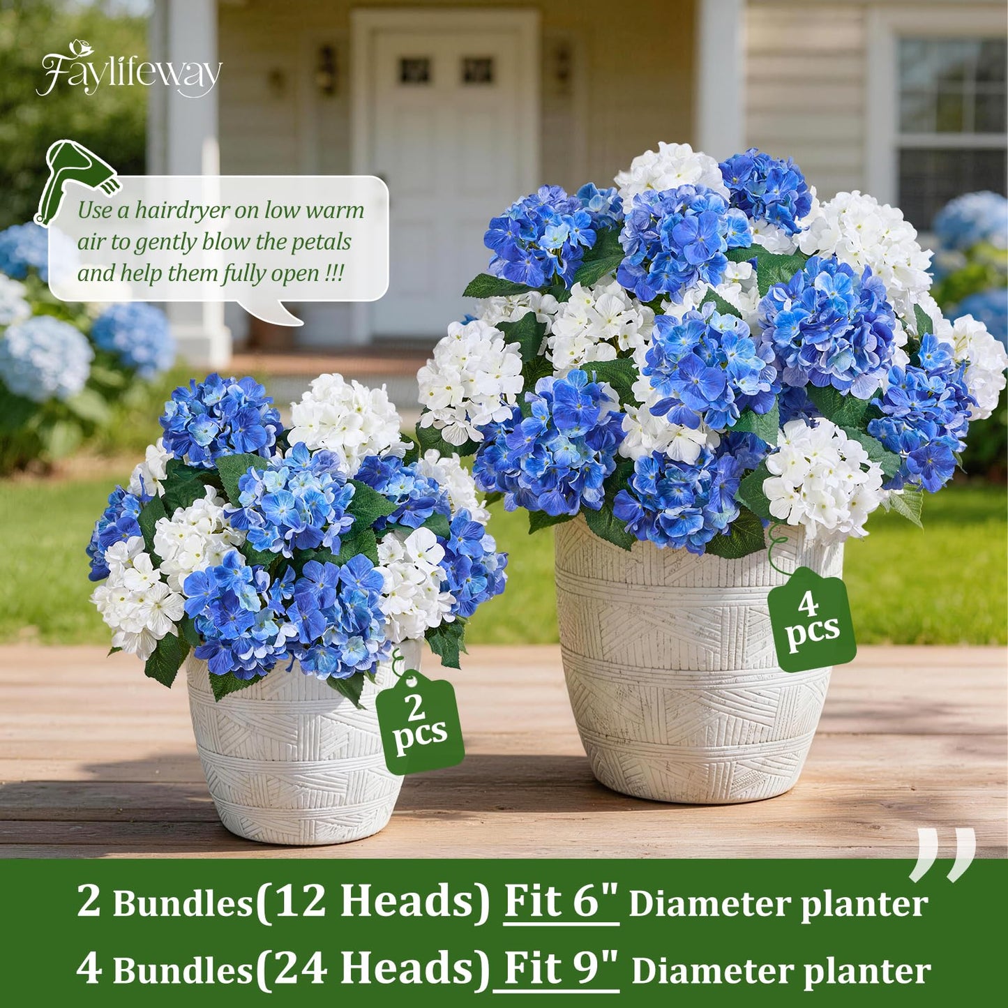 Faylifeway 12 Heads Artificial Flowers for Outdoors, UV Resistant Faux Hydrangea Flowers for Outdoor Planters Front Porch Garden Window Box Patio Decor （White&Blue）