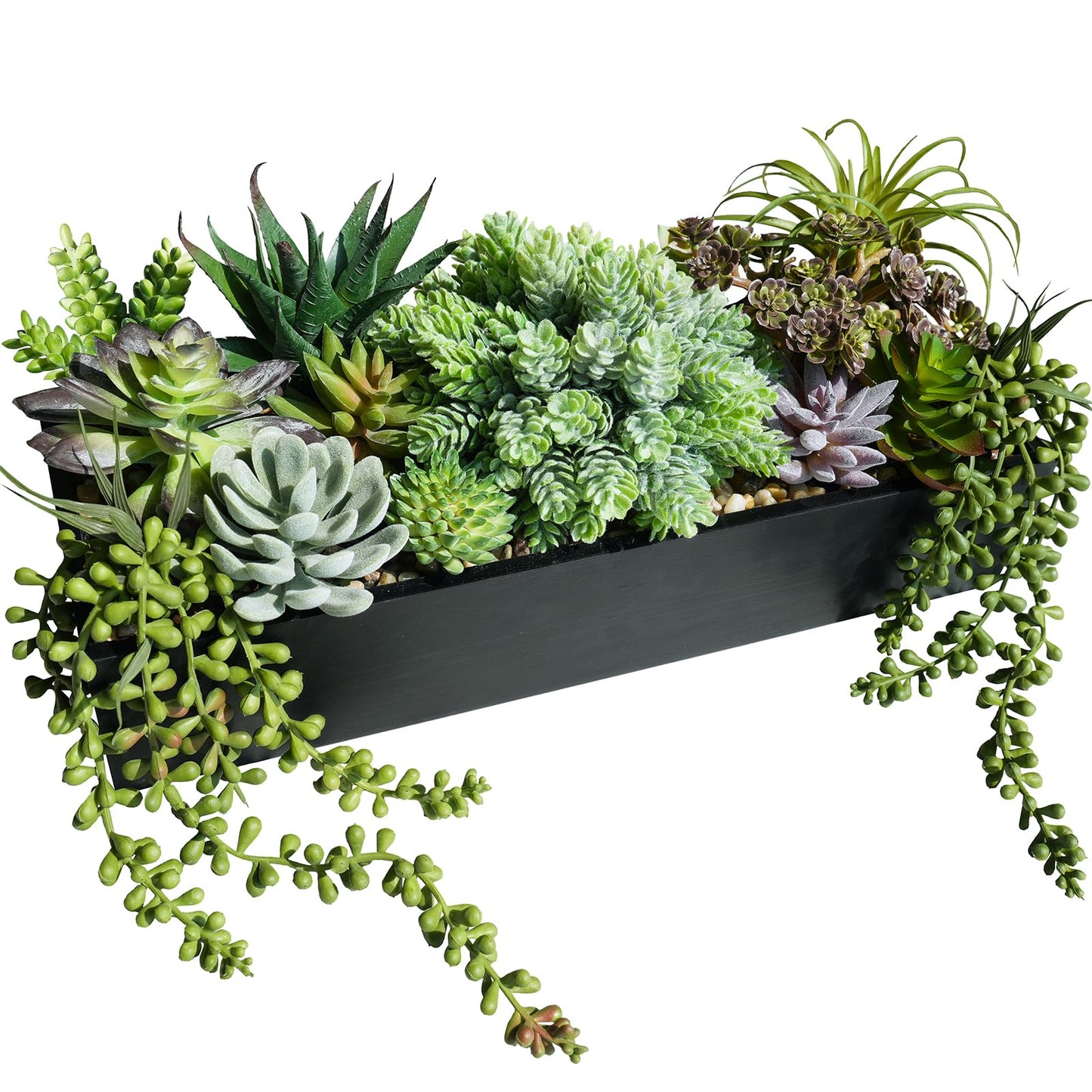 Winlyn 15" Artificial Succulents Arrangement Faux Succulents in Rectangular Black Wooden Planter Box Faux Potted Succulents Plant Garden for Gifts Home Table Centerpiece Mantel Greenery Décor