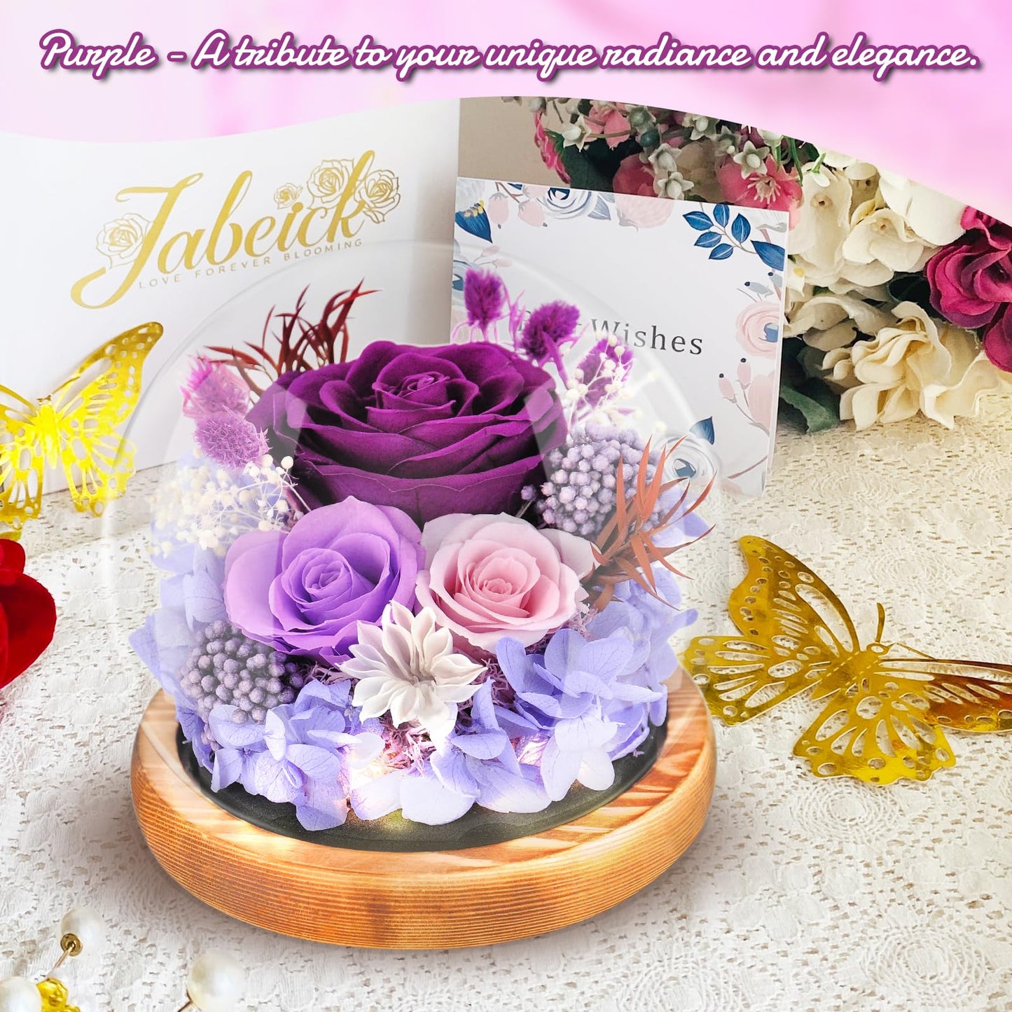Preserved Flowers Rose in Glass Dome Forever Flowers Valentines Day Gifts for Her Eternal Roses with Light Long-Lasting Real Flowers Mothers Day Birthday for Women Mom Grandma, Purple