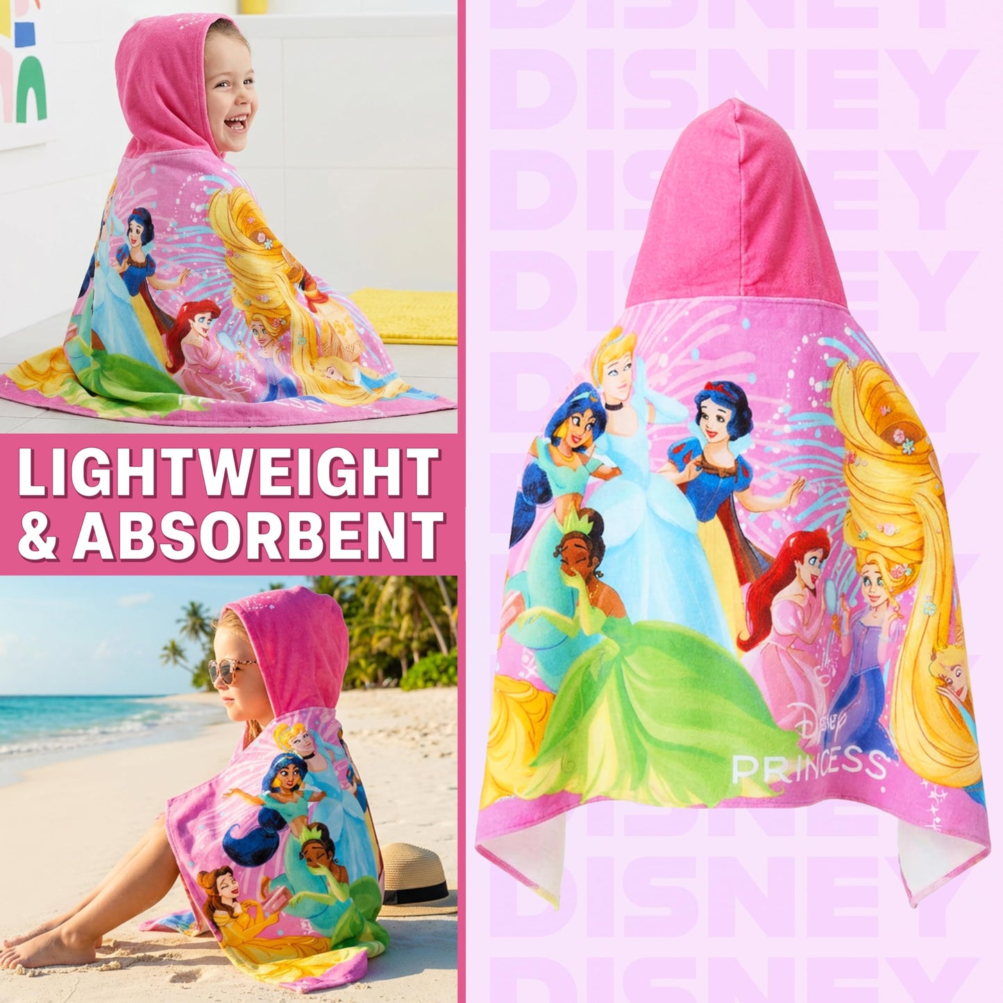 Disney Princess Bath Towels with Hood for Girls, Soft Absorbent Cotton Beach Towel, Swimming Pool Hooded Poncho, Shower Bath Cinderella Moana Rapunzel for Girls Ages 2-6 (Multi Princess)