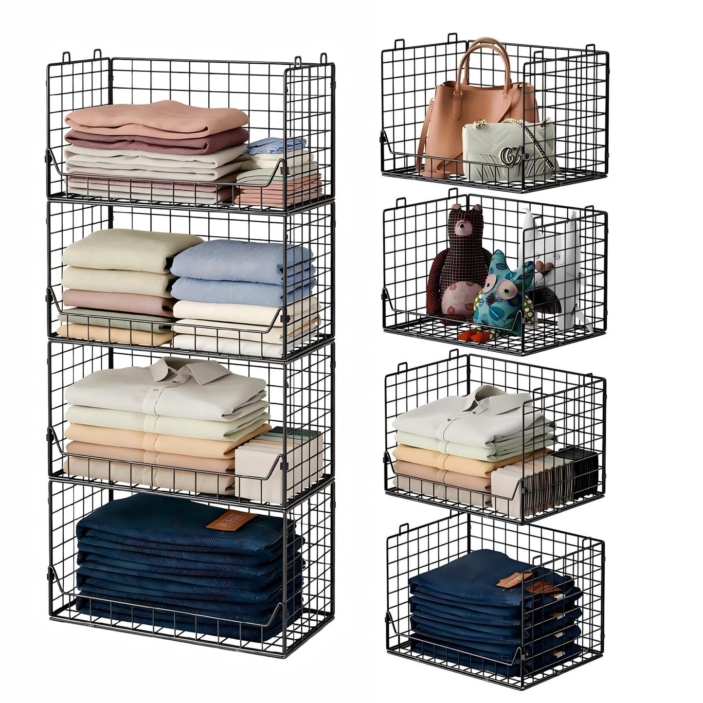 Jakyitvi 4-Tier Extra Height Stackable Closet Organizer – Foldable Storage Bins for Sweaters, Jeans, and Clothes – Sturdy Iron Mesh Shelves for Neat and Efficient Closet Storage – Black