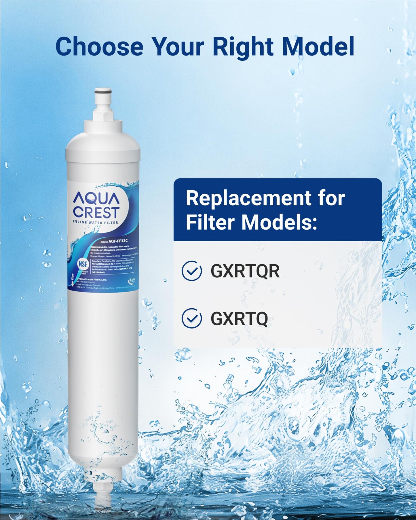 AQUA CREST GXRTQR Inline Water Filter, NSF Certified, Replacement for GE® GXRTQR, GXRTQ, Carbon Block Media Ensures 99% Chlorine Reduction, 3 Filters