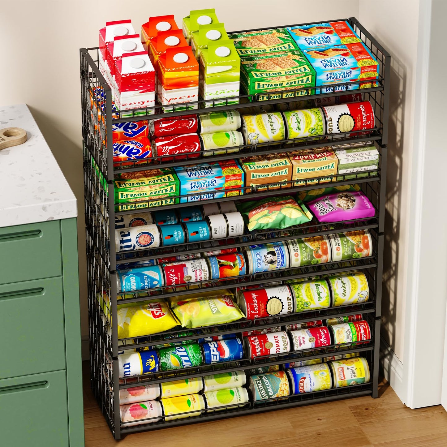 2-Pack Stackable Can Organizer for Pantry Shelf, Adjustable Extra-Long Rolling Can Rack for Kitchen Cupboard Storage, Sturdy Standing Can Holder for Canned Food Goods Soda up to 128, 2 Tier, Black