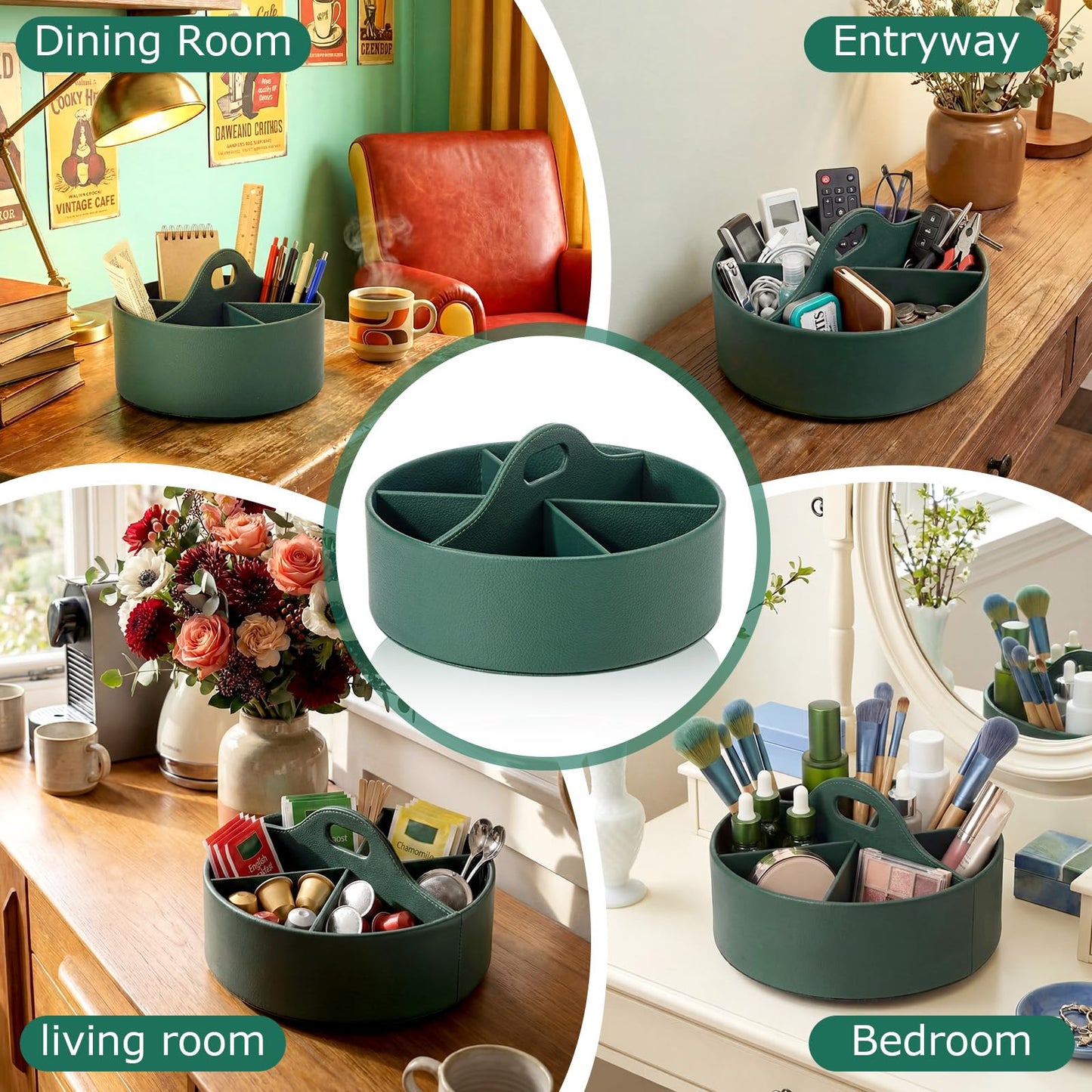 YooNotee 360° Rotating Leather Desk Storage Organizer with 6 Slots and Handle Extra-large Pen Holder Spinning Pencil Storage Lazy Susan Organizer Office Desk Supplies Marker, Art Supply(Green)