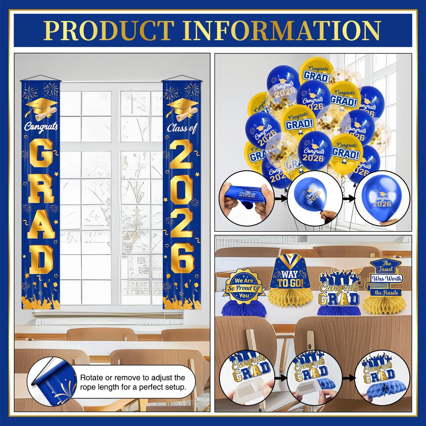 Graduation Decorations 2026 Blue and Gold Graduation Party Decor Set include Congrats Grad Banner Backdrop Class of 2026 Balloons Party Supplies