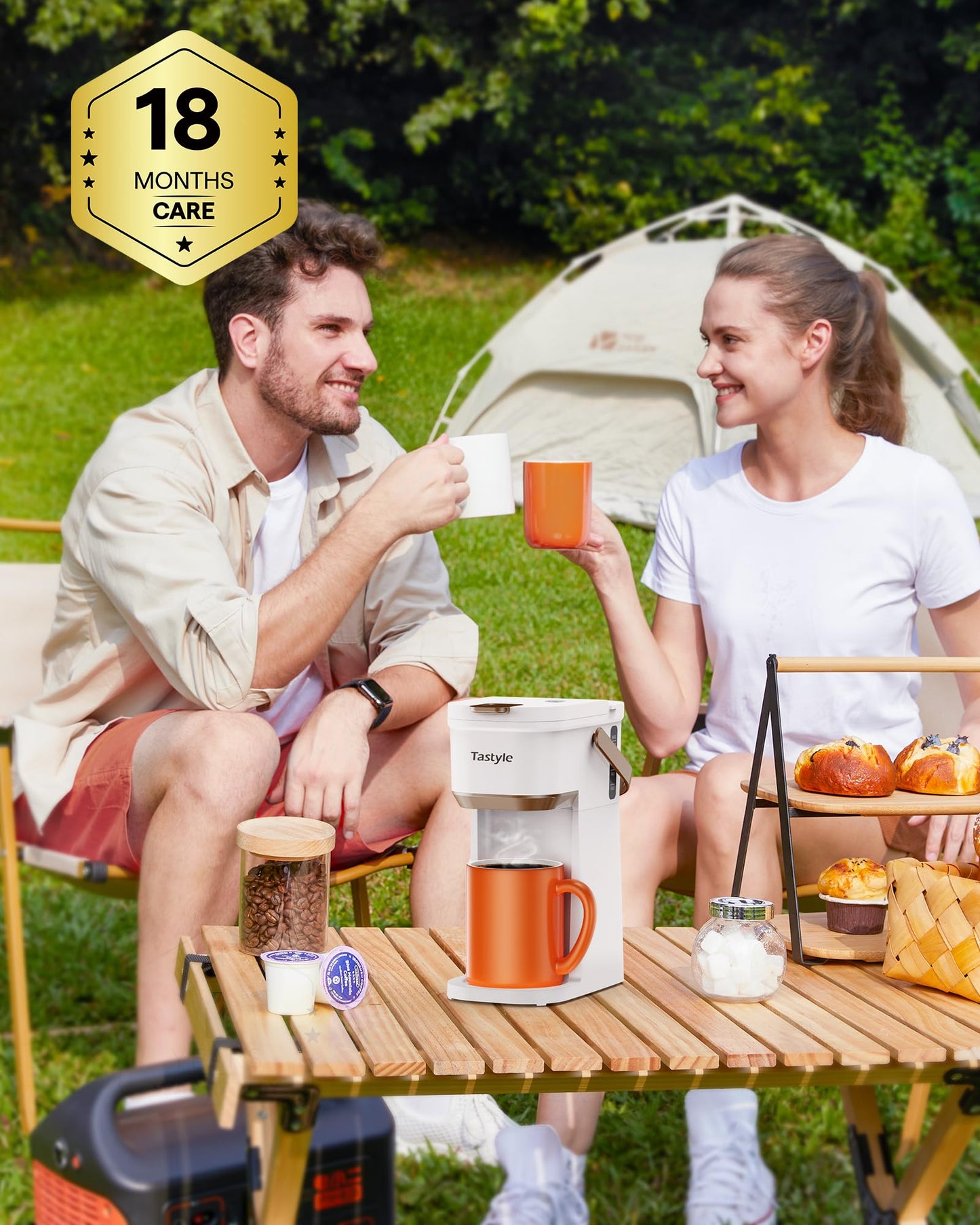 Tastyle Single Serve One Cup Coffee Maker, for K Cups and Grounds, Mini Coffee Maker with Portable Handle, 6 to 12 Oz Brew Size, for Travel, Camping, Office, RV and Dorm, 120V, White and Brown