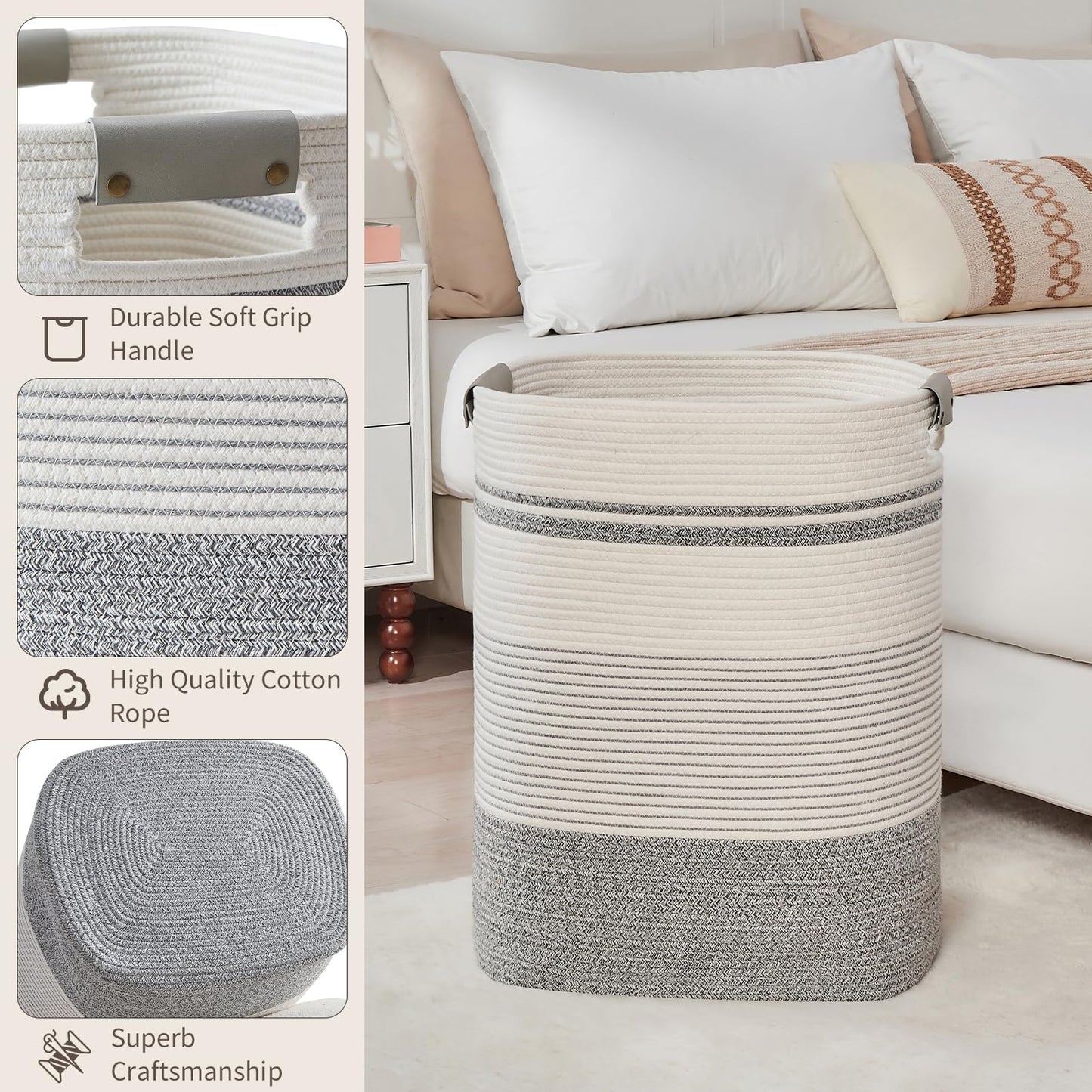 AINUOQI Laundry Basket with Handles - Blanket Basket & Hampers for Bedroom Aesthetic, Laundry Hamper & Blanket Storage for Living Room, Clothes Hamper, Tall, Large 17" x 14" x 22”, Grey & White