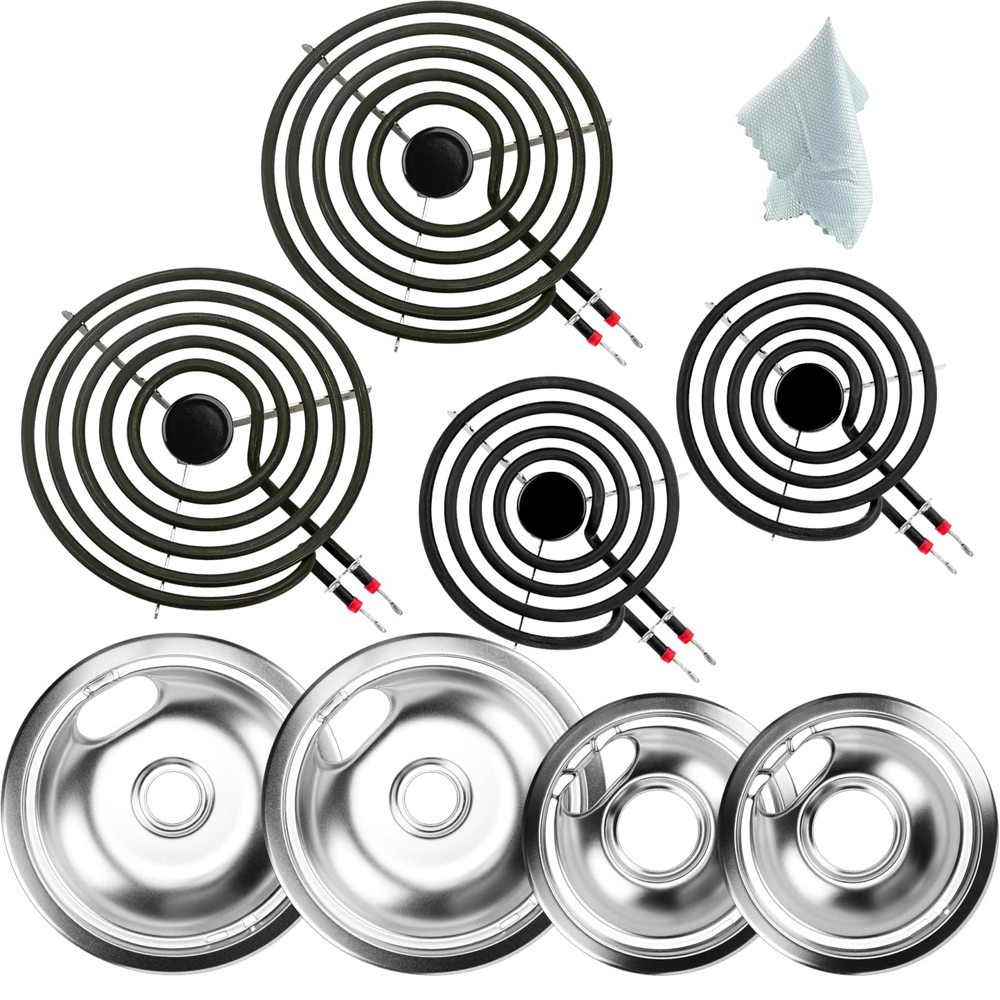 【UPGRADED】W10196405 W10196406 Electric Stove Burner Drip Pans & MP21YA MP15YA Electric Range Burner Element Unit Set fit for Whirlpool Kenmore Amana Range Oven/Stove by Cenipar