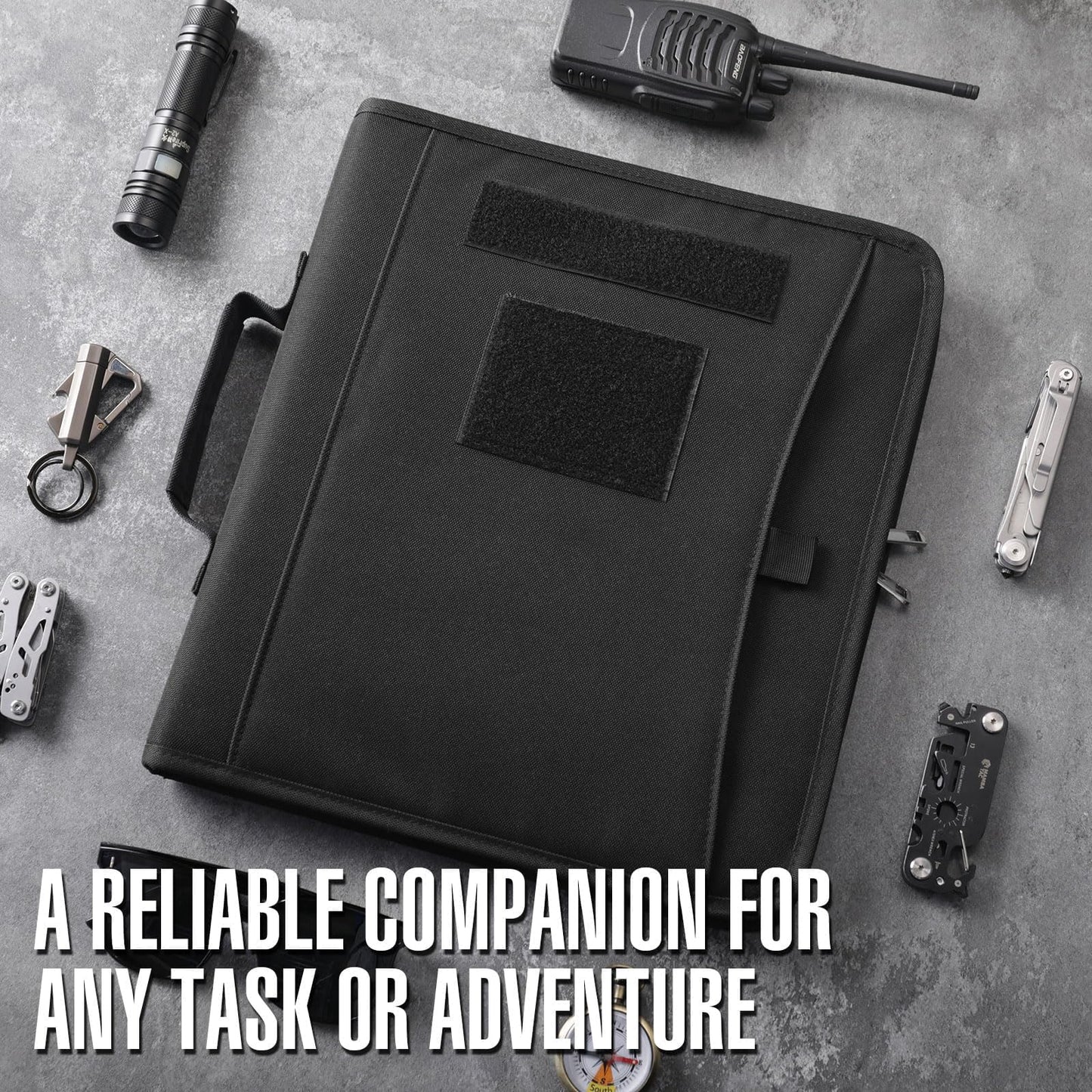 Kosibate Tactical Padfolio Portfolio Binder with Zipper and 25 Sheets of Letter Size Paper,Notebook Cover,Tactical Notebook with Zippered for Folders,Detachable 3-Ring Binder(A4,Black,13.5X 11.5Inch)