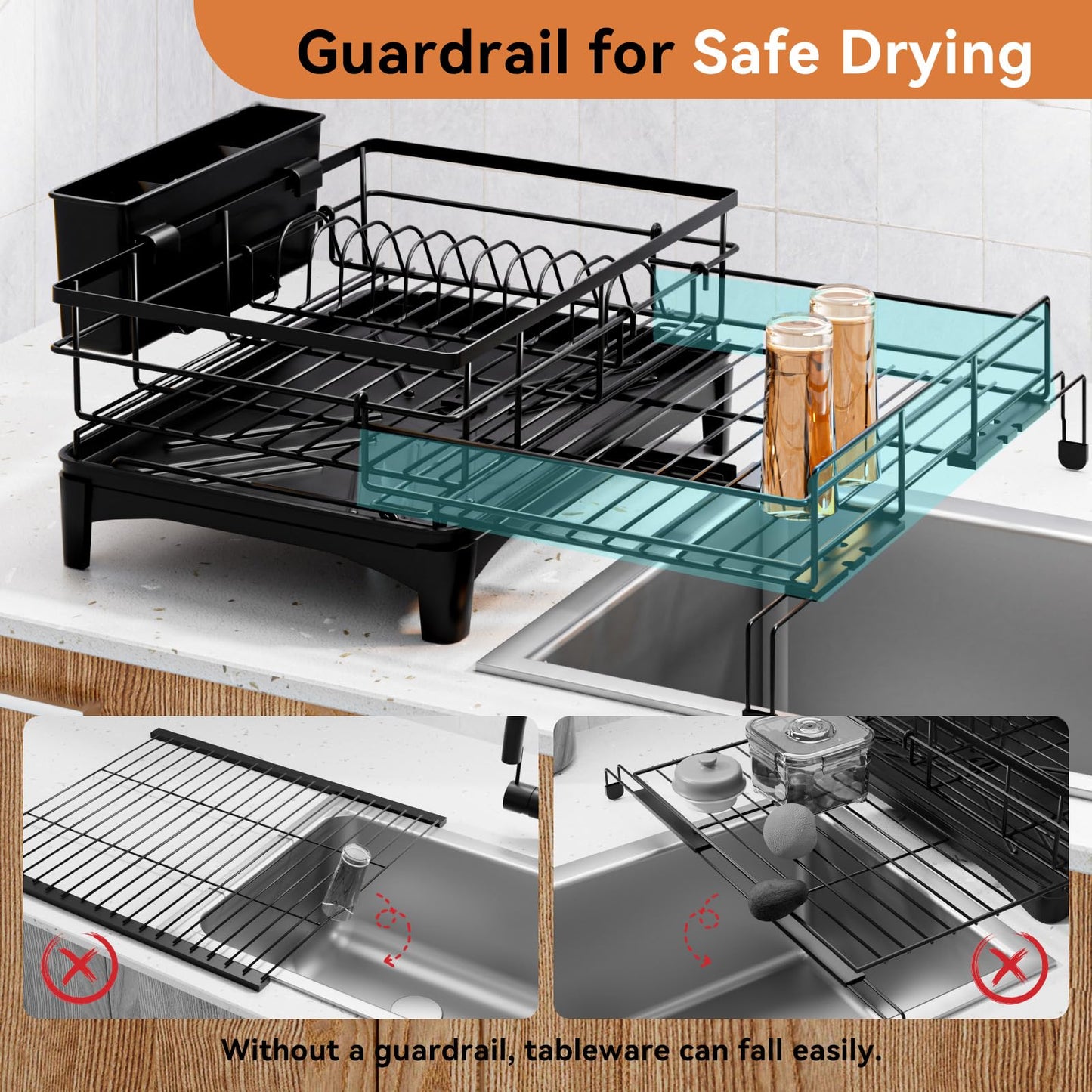 Laveshop Dish Drying Rack - Expandable Rack, Large Capacity Dish Drainer for Kitchen Counter, Rust-Proof with Utensil Holder, Black