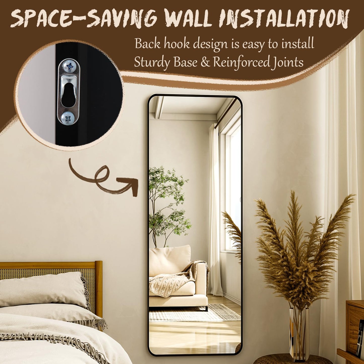 XRAMFY 56"x21" Floor Full Length Mirror Standing Full Body Rounded Corner Rectangle Mirrors with Stand Hanging Wall Mounted Leaning Bedroom Living Room Bedroom Cloakroom,Black