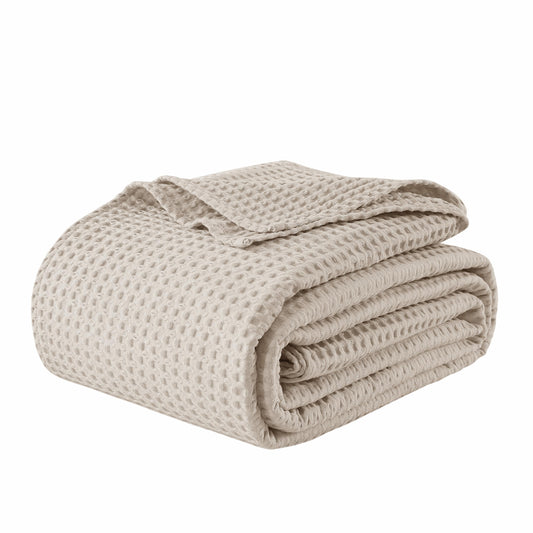 100% Egyptian Cotton Waffle Weave Blanket King Size for Bed, 320 GSM - Breathable and Soft for Spring Summer, Lightweight All Season Bed Blanket for Couch, Sofa (104x90 Inches, Light Khaki)