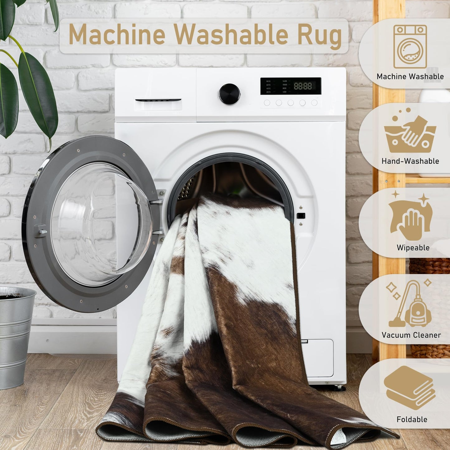 Foxmas Cow Print Rugs for Living Room Bedroom, 5x7 Washable Non-Slip Low Pile Indoor Floor Rug, Carpet for Dining Room Kitchen Office Western Home Decor, Brown