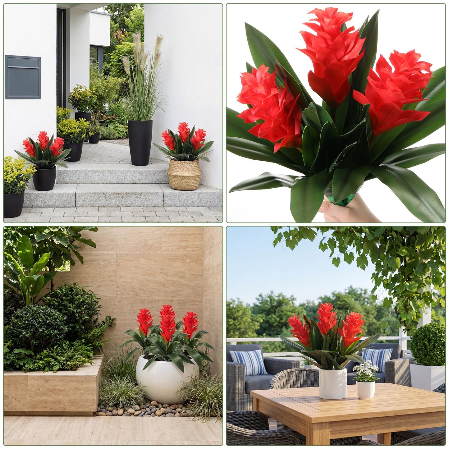 Hotop 6 Pack 16'' Artificial Tropical Bromeliad Flower Fake Ginger Torch Red/Yellow Bromeliad Plant New House Gift for Indoor Outdoor Patio Garden Home Decor (Red)